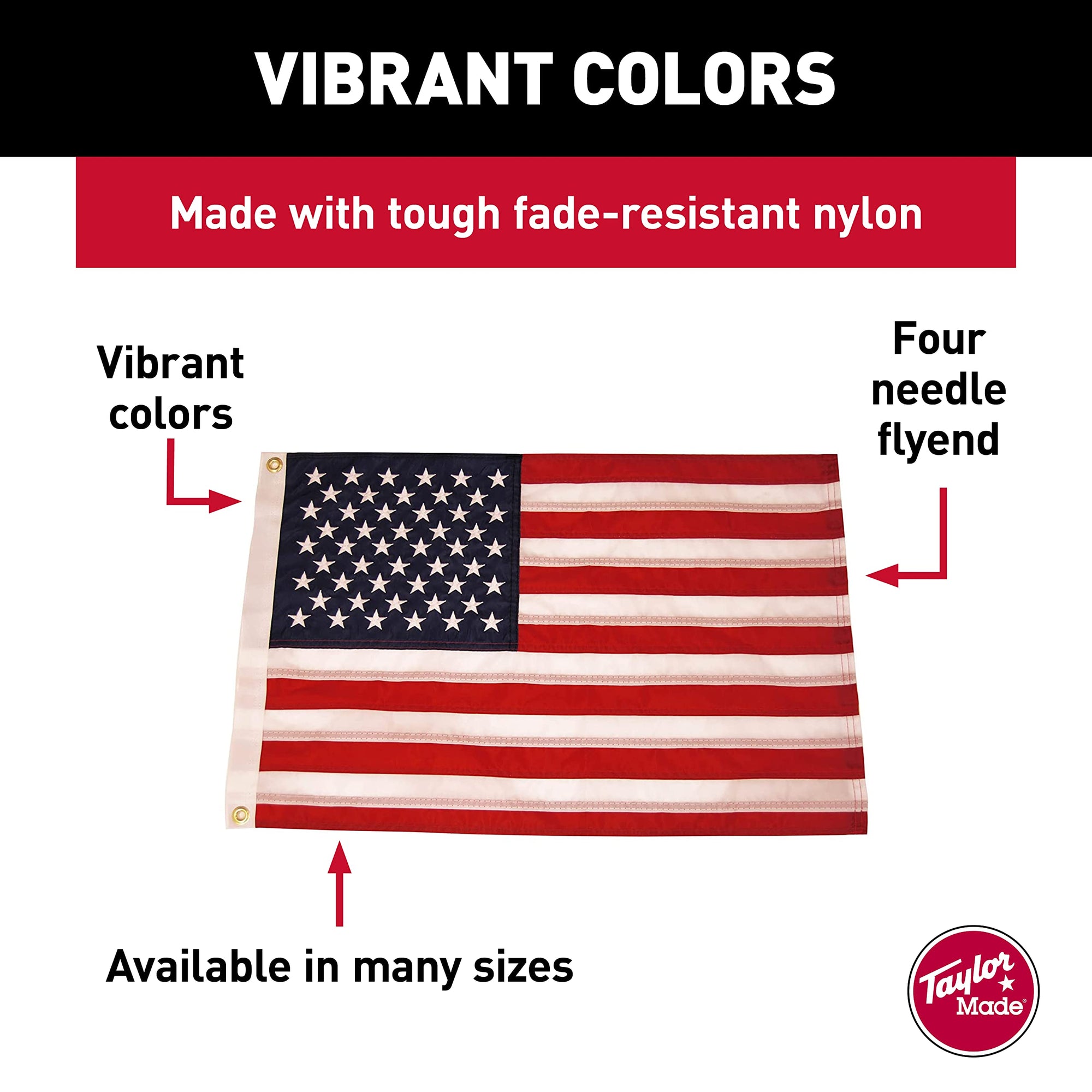 Sewn American Flag TAYLOR MADE PRODUCTS for Boats, 20" x 30", Marine-Grade Nylon, Fade Resistant, Brass Grommets, Embroidered Stars and Stripes, Flag only - 2020109196