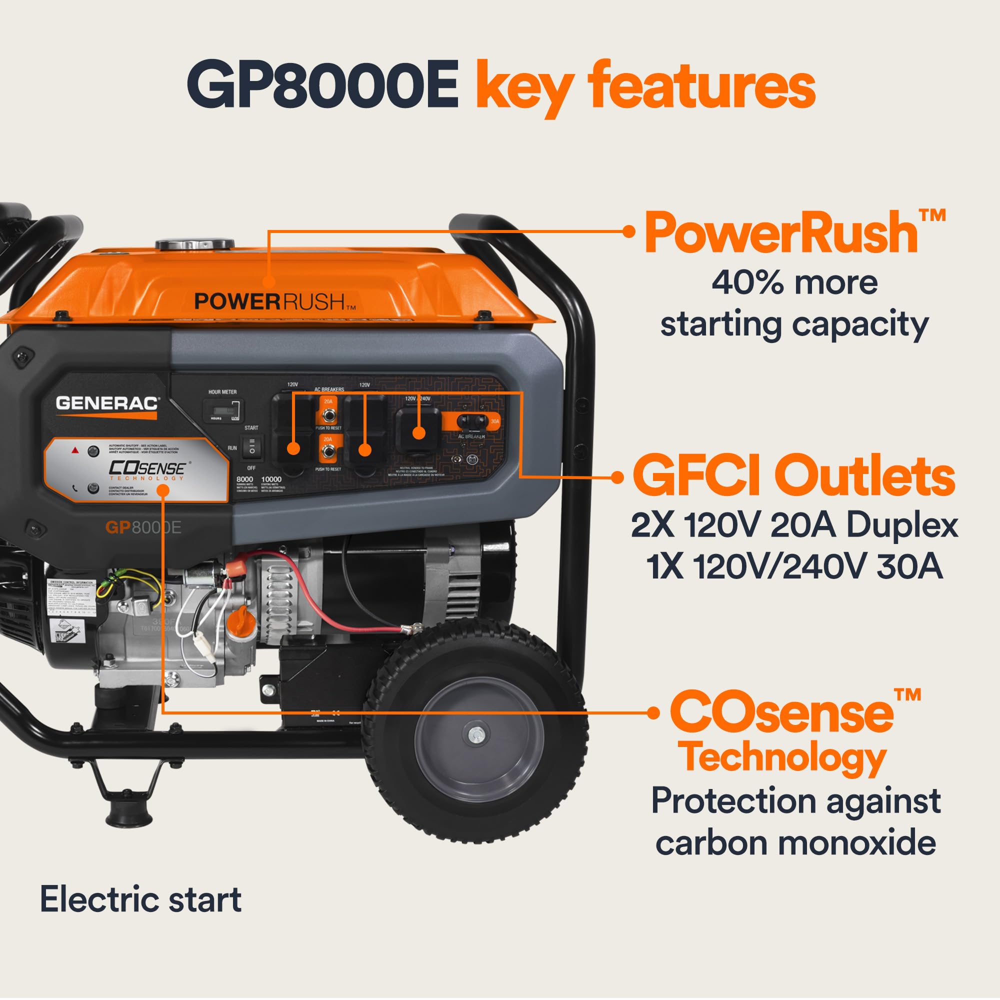 Generac Portable Gas Generator 10,000 Starting Watt - Electric Start - Home Backup or RV Ready - Heavy Duty Frame - Quiet, Long Runtime, Emergency Power - 49-State Compliant