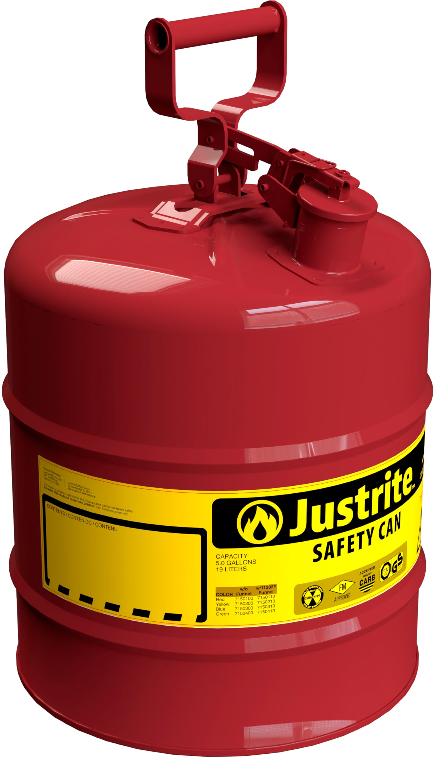 5 Gallon Justrite Type I Red Safety Gas Can for Gasoline with Flame Arrester and Self-Closing Lid, Made in the USA, Galvanized Steel Flammable Storage Can, 7150100