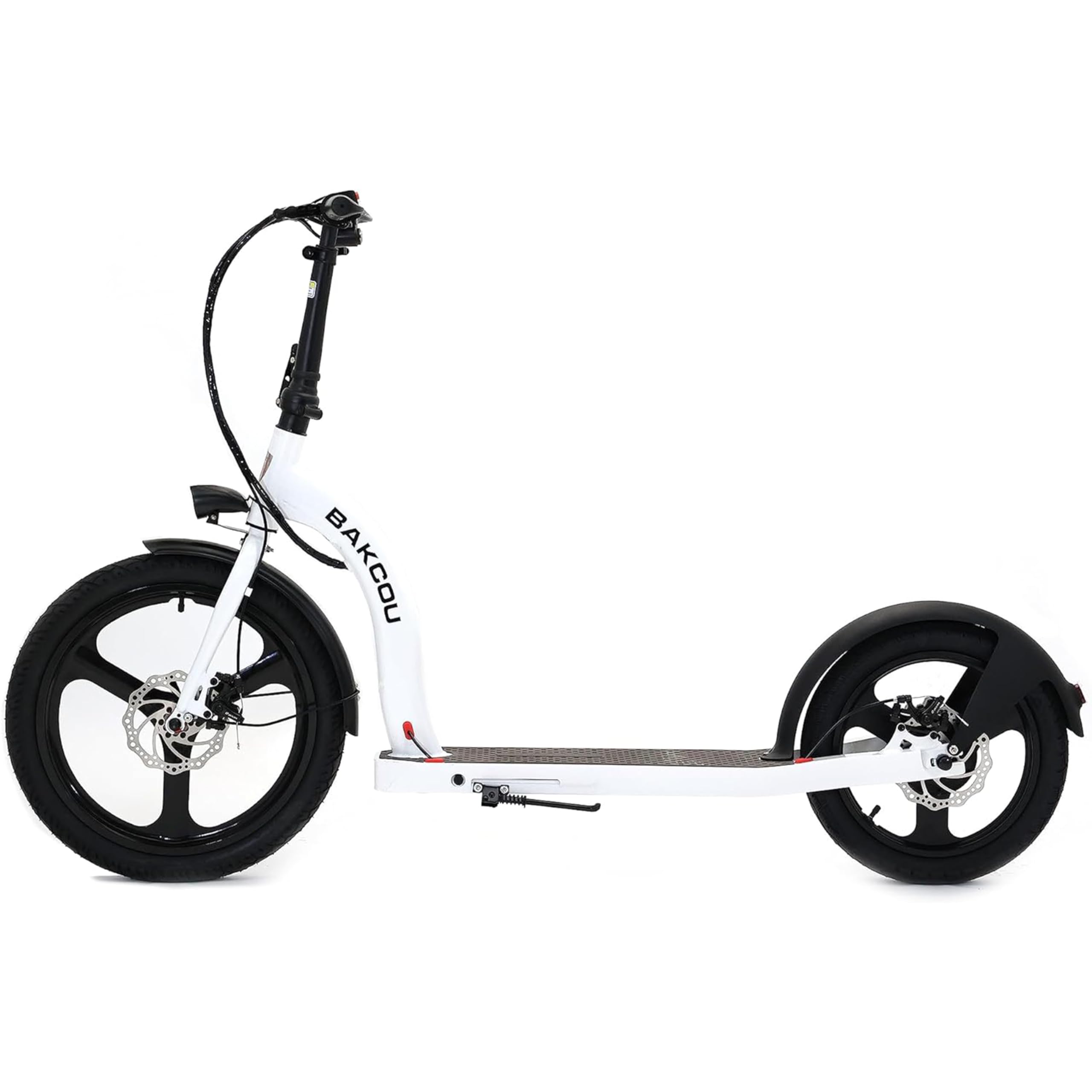 Bakcou - Electric Scooter Foldable Badger with Seat - Gloss White - 350W Motor 36V Battery, Large Wheels, Disc Brakes with Lights, Horn & Charger