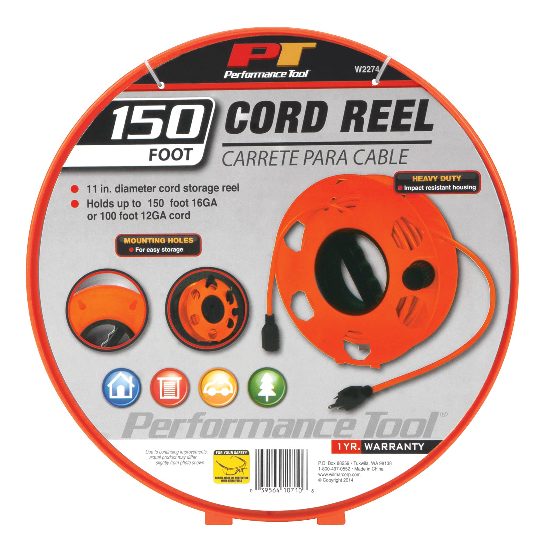W2274 Performance Tool Heavy Duty 11-inch Cord Reel for Holding Extension Cords, Orange, 150-ft Capacity