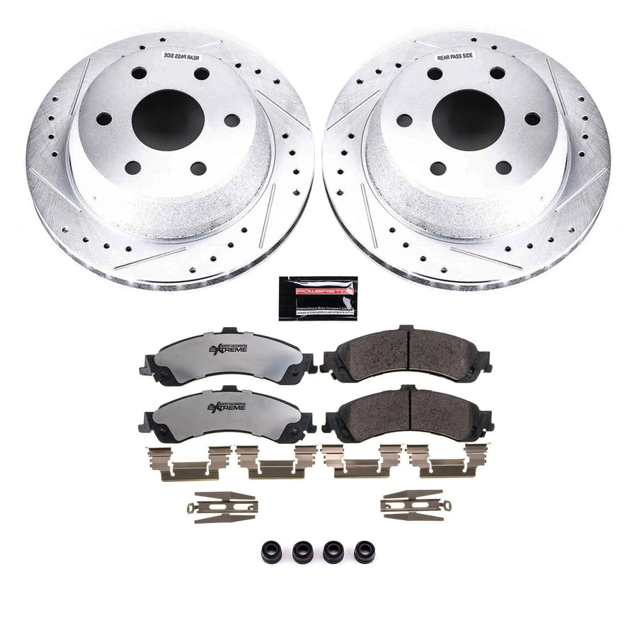 Rear Brake Kit Power Stop For 2002 2003 2004 2005 2006 Cadillac Escalade - Truck & Tow Carbon Fiber Ceramic Brake Pads & Drilled and Slotted Rotors Replacement, K2046-36