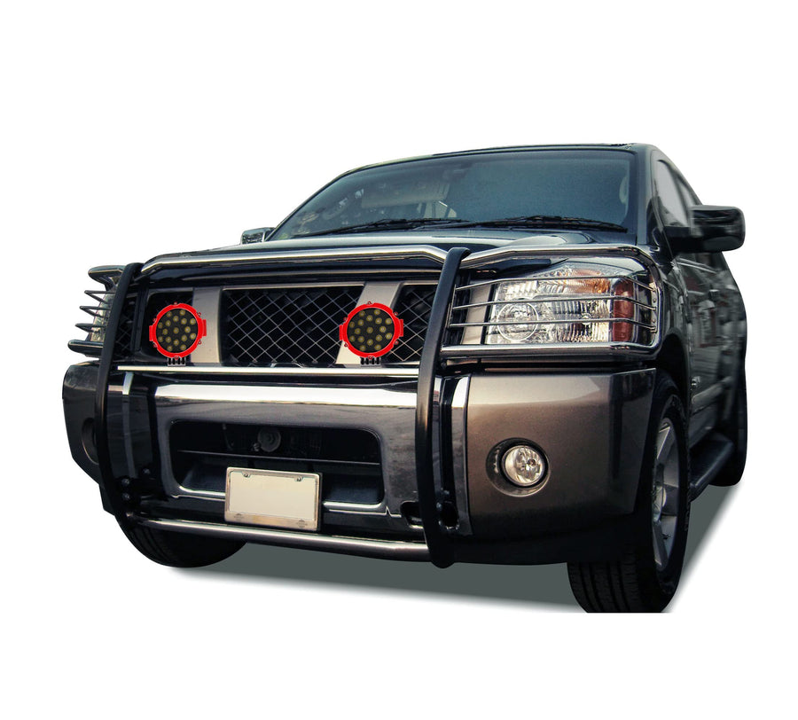 Bumper Guard Black Horse Grille Brush Modular Stainless Steel Come with Pair of 7.0" LED Lights with Red Trim Rings Compatible with 2005-2015 Armada|2004-2015 Titan Crew Cab & King Cab-17NR26MSS-PLR