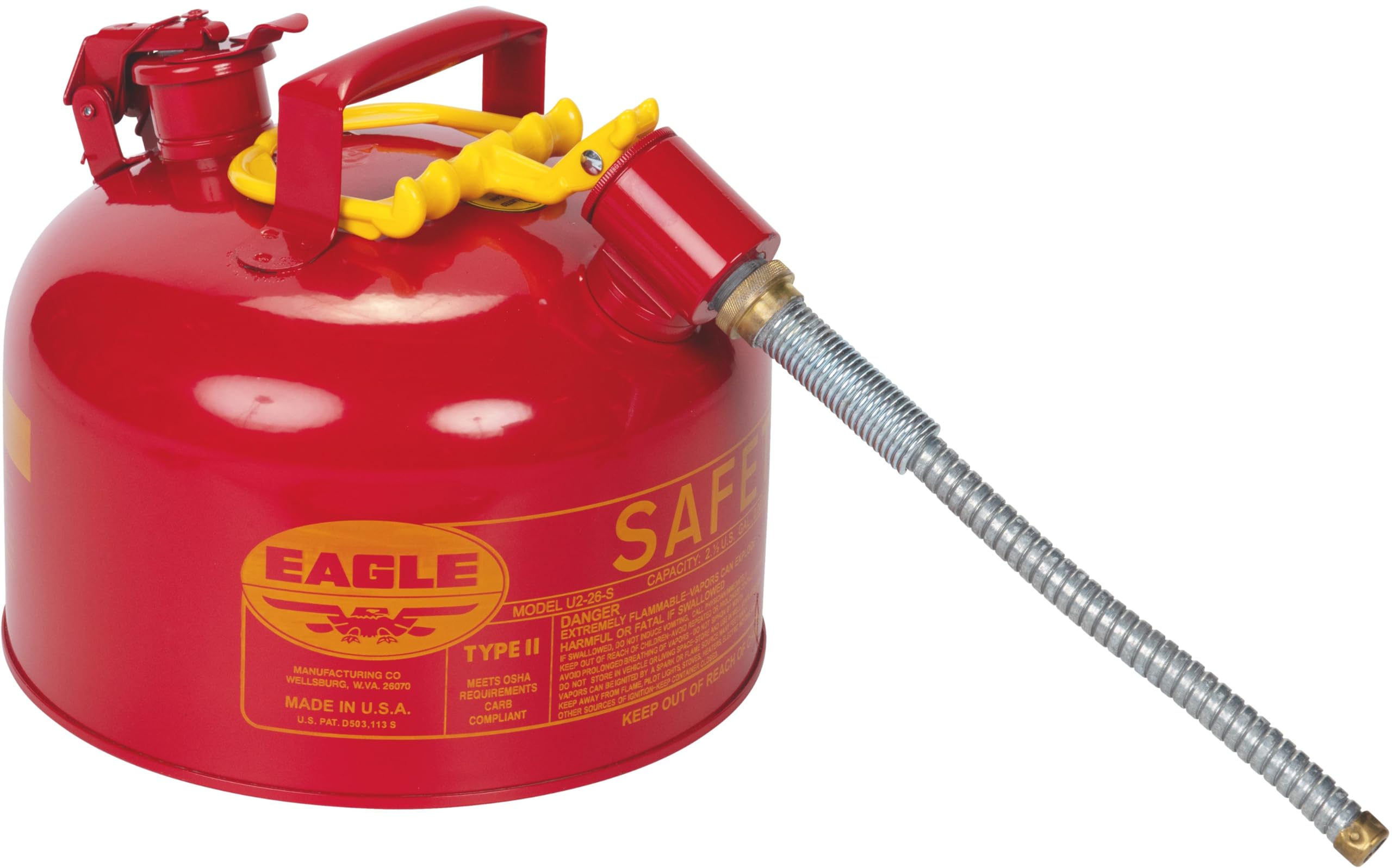 Eagle 2.5 Gallon Red Type II Safety Gas Can for Gasoline with Flame Arrester, Self-Closing Lid, and 12" x 5/8" Flexible Metal Hose, Made in the USA, Galvanized Steel Flammable Storage Can, U226SX5