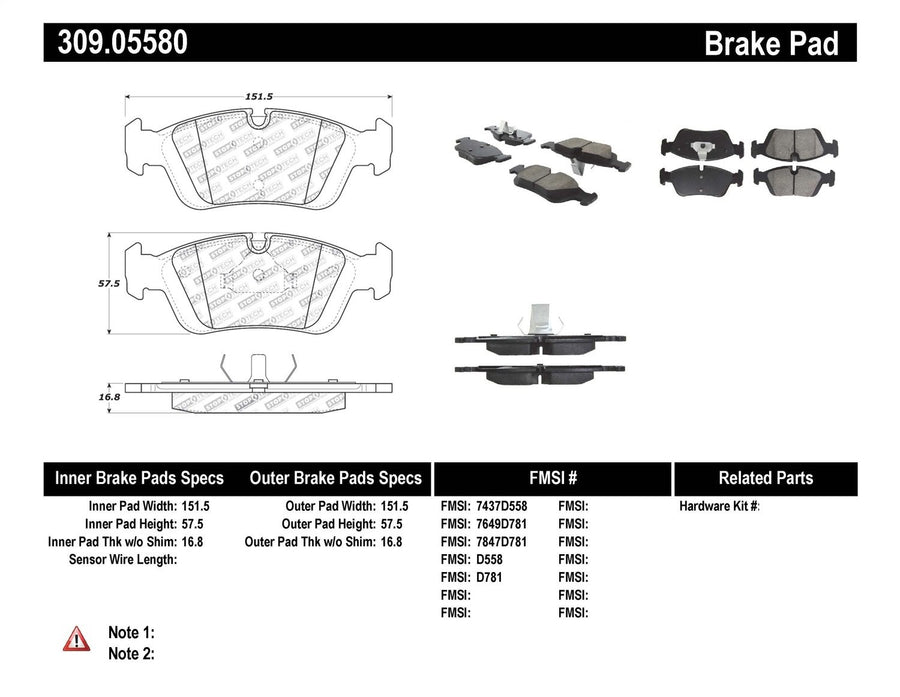 Sport Brake Pads StopTech 309.05580 with Shims and Hardware