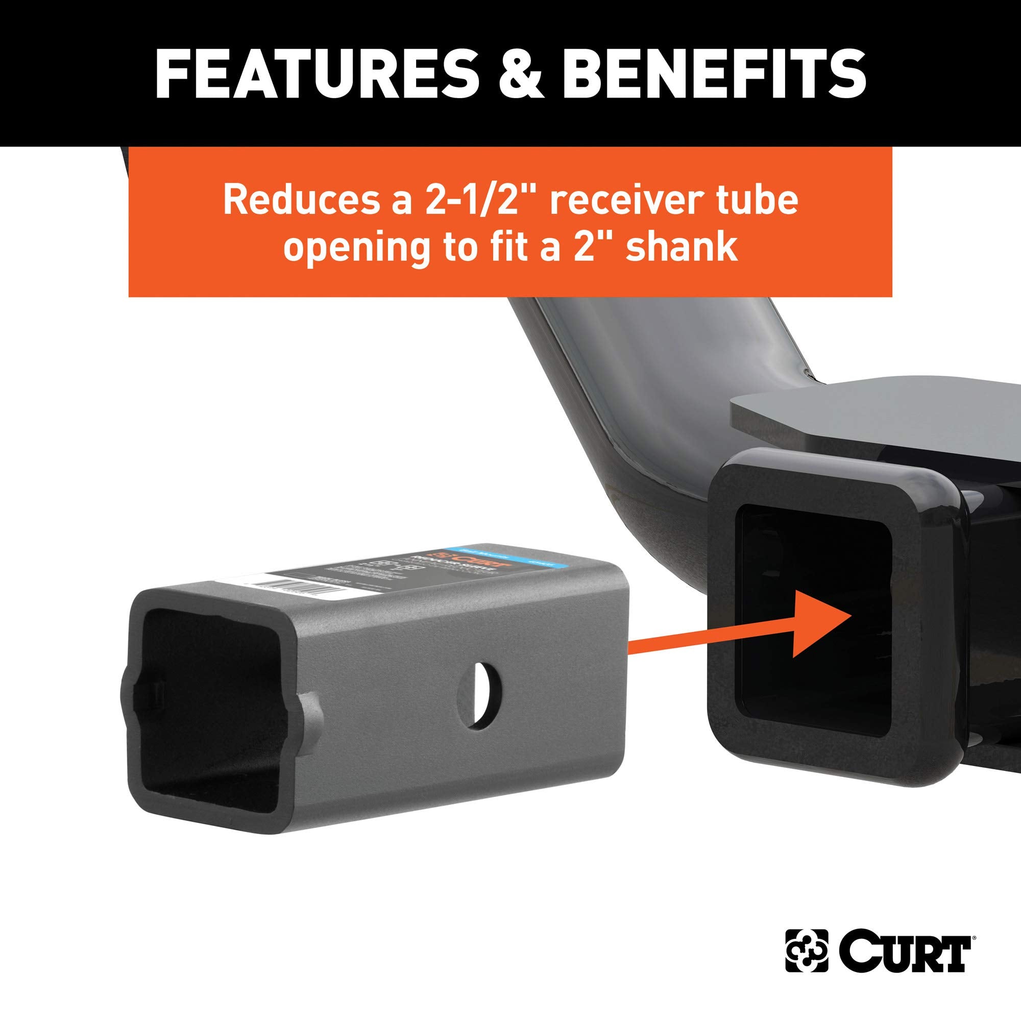 CURT Trailer Hitch Receiver Adapter Reducer Sleeve, 2-1/2 to 2-Inch, Carbide Black Powder Coat 45405