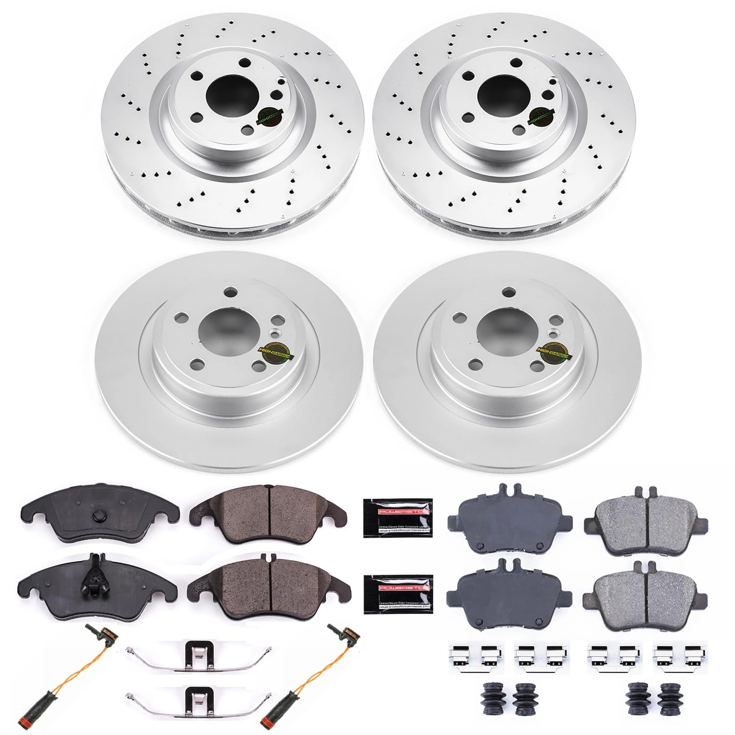 Power Stop CRK4099 Coated Brake Rotors and Z17 Ceramic Brake Pads Kit Front and Rear and 1 Front & 1 Rear Sensor Wires For Mercedes-Benz SLK350 2012-2016 [Model Specific]
