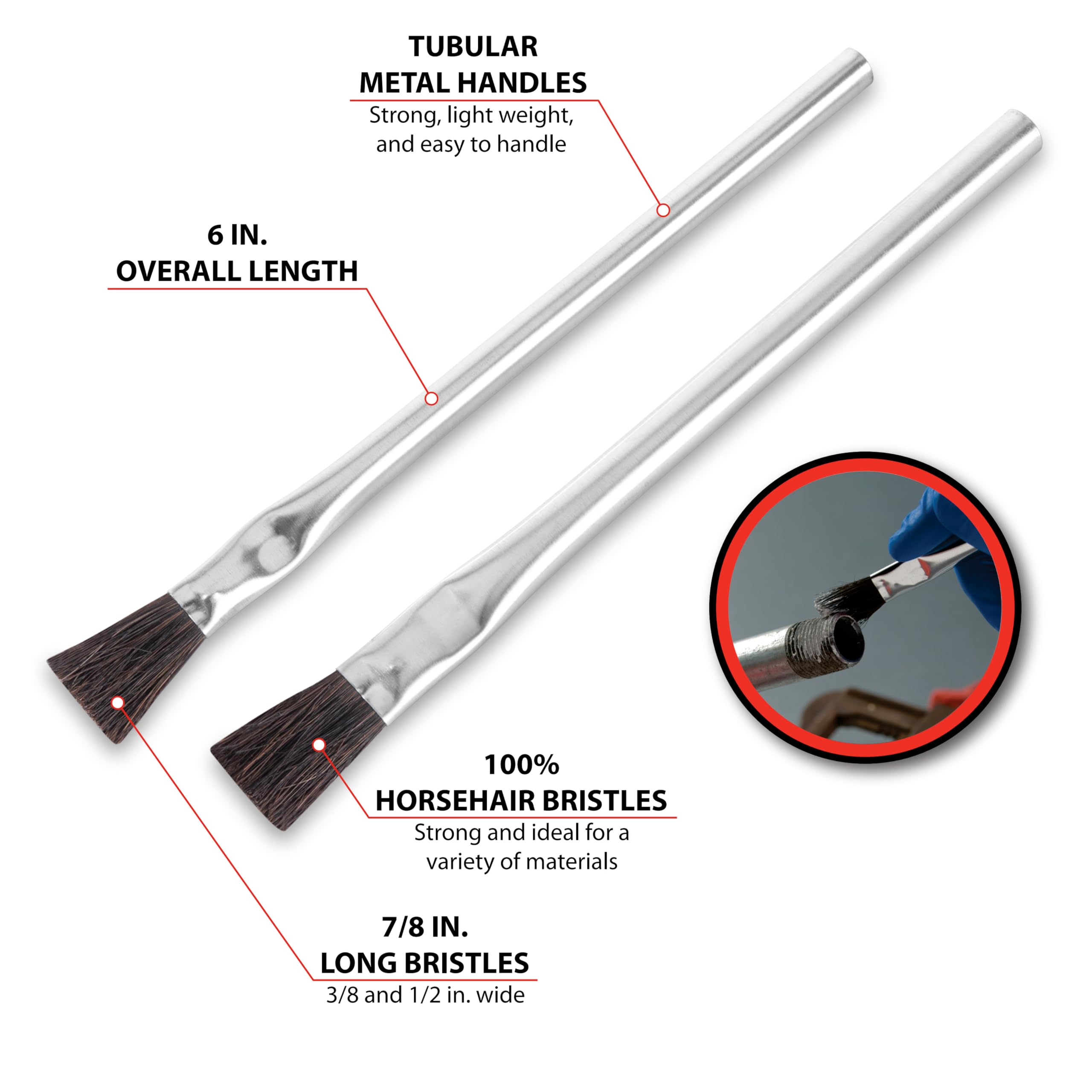 W1147 Performance Tool 6" Acid Brush Set (2 Pieces) - Disposable, Horsehair Bristles, Sturdy Metal Handles