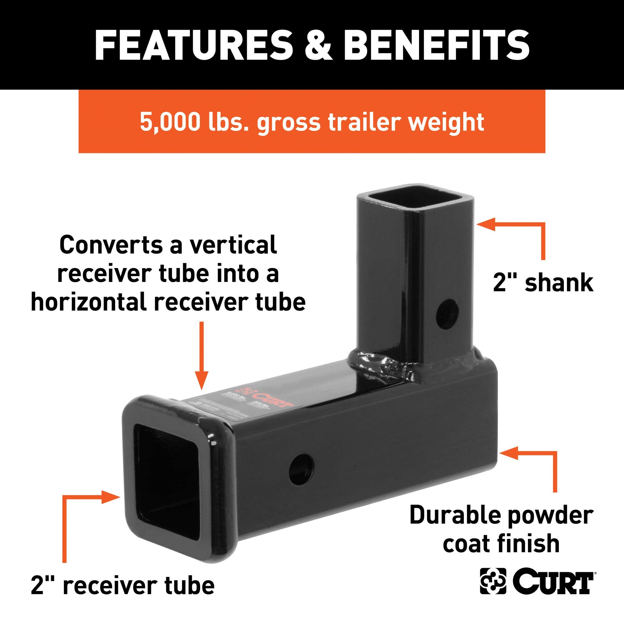 CURT 45013 Trailer Hitch Adapter Vertical Receiver, 2-Inch, 5,000 lbs, 2-7/16-In Rise