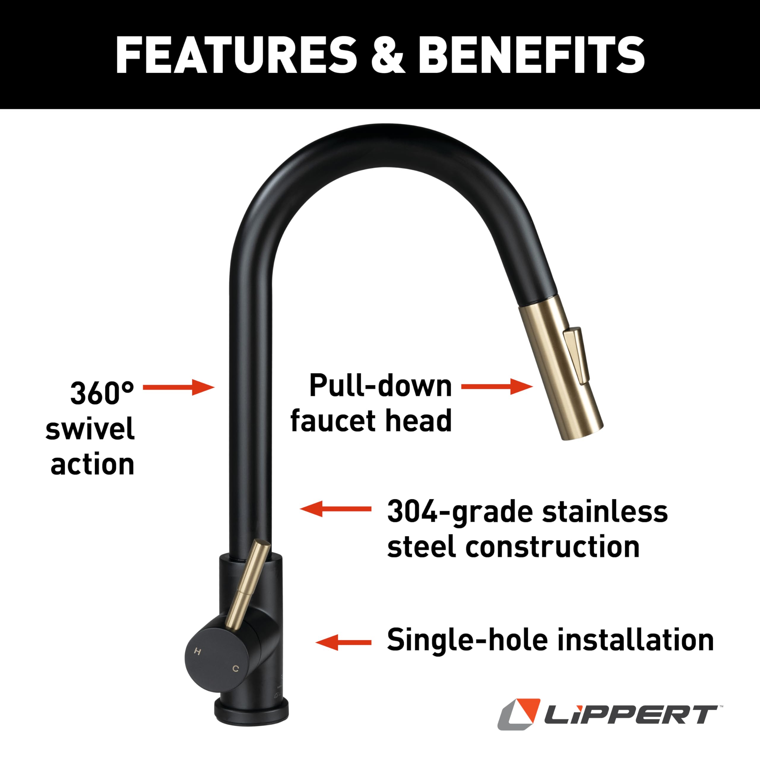 Lippert Bullet Pull-Down Flow Max Kitchen Faucet with 304-Grade Stainless Steel Construction, Single-Handle Operation, Single-Hole Installation, 360-Degree Swivel, 2.2 GPM Flow Rate - 2024000071