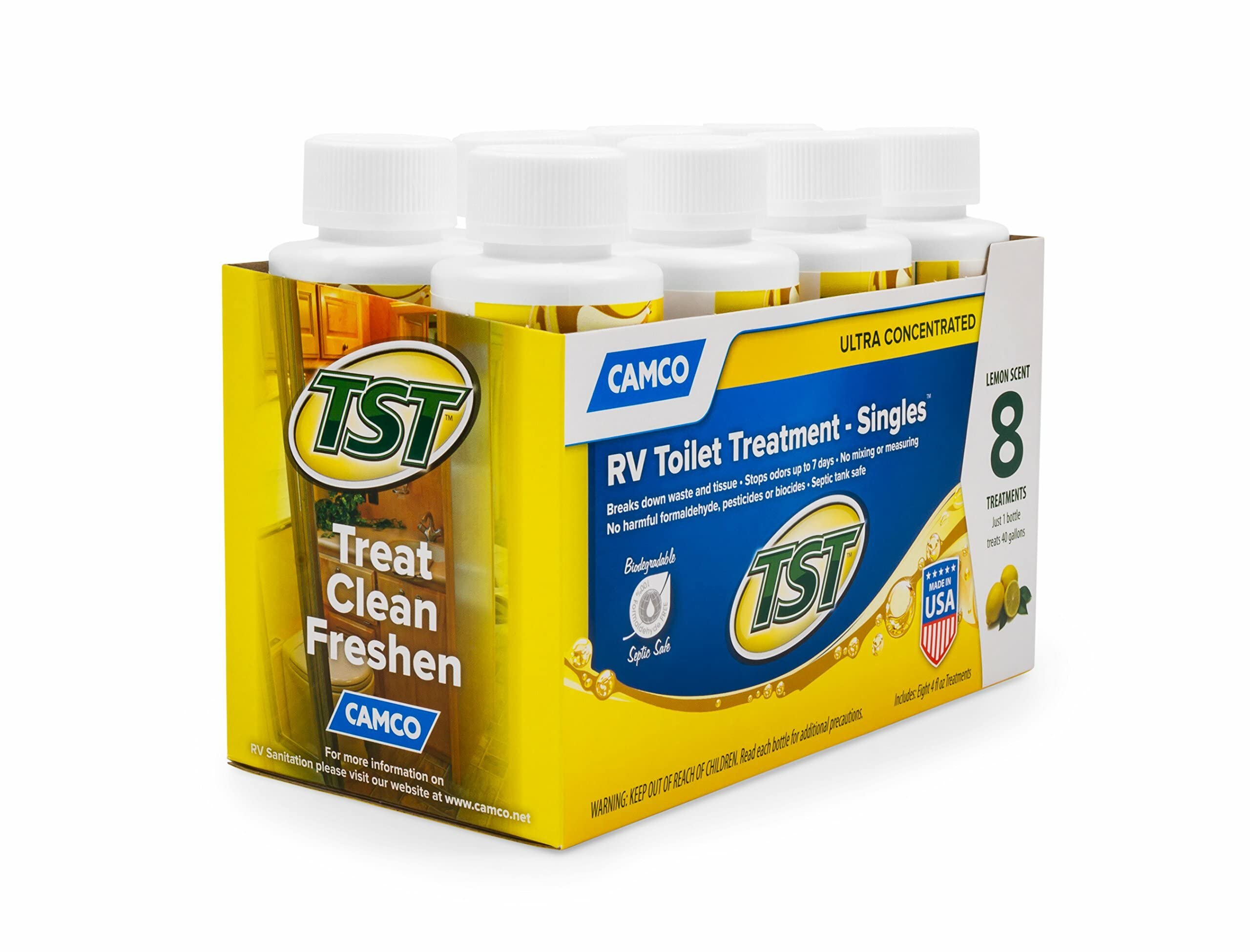 Camco TST MAX Toilet Treatment RV - Formaldehyde Free - Breaks Down Waste And Tissue - Septic Tank Safe - Treats up to 8-40 Gallon Holding Tanks -Lemon Scent, (8) 4 oz Bottles (41571)
