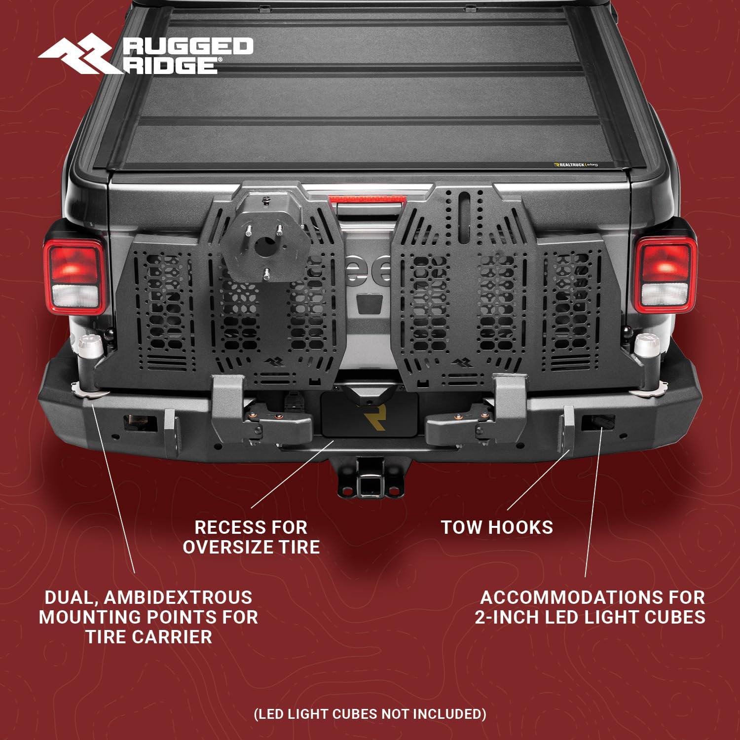 Rugged Ridge Rear Bumper WingMate for Jeep Gladiator JT | Accommodates Swingout Tire Carrier, Dual Pivot Points, 3/16" Steel, Textured Black | 11540.38 | Fits 2020-2024 Jeep Gladiator JT