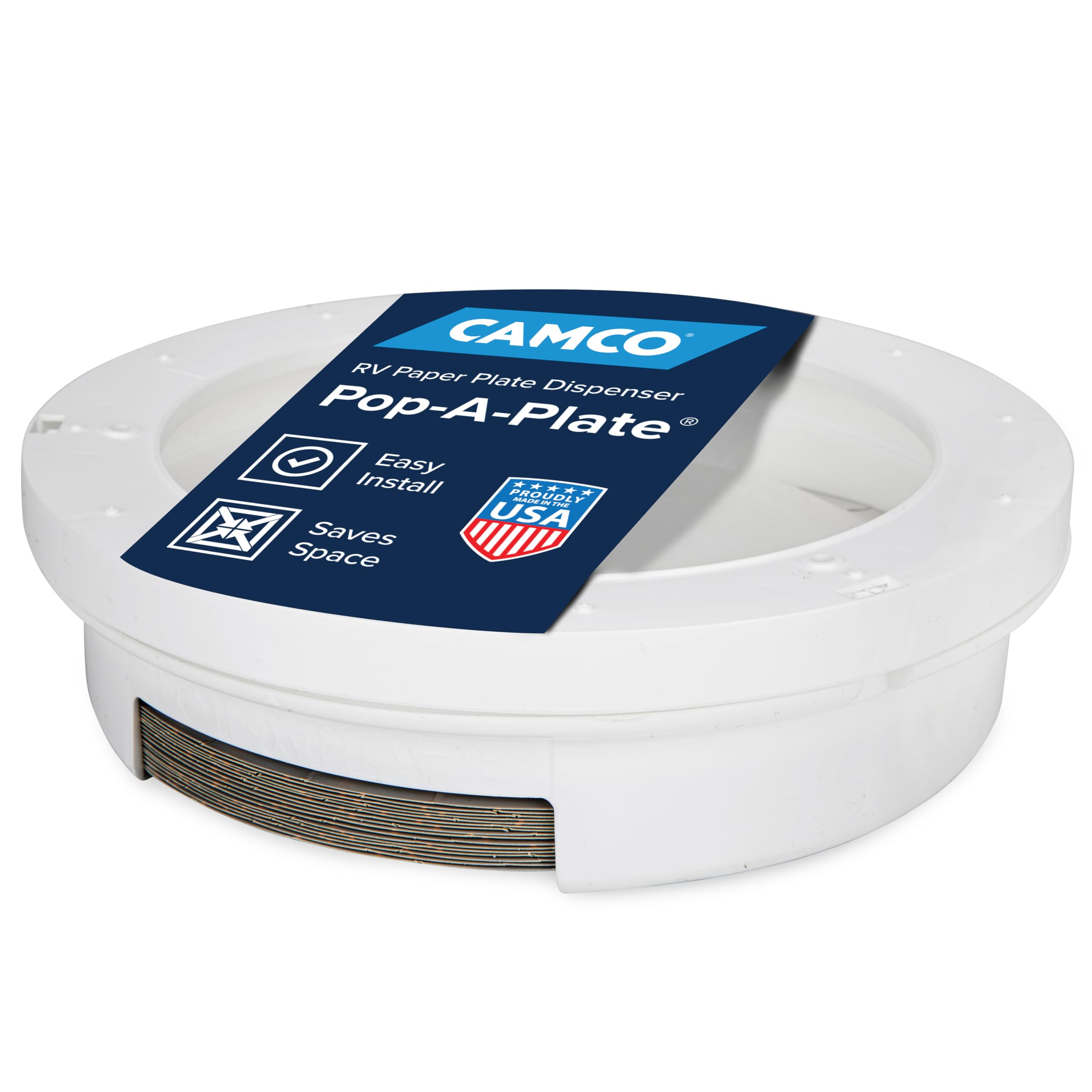 Pop-A-Plate Camco 9-inch Plastic Plate Dispenser | Ideal for Compact Spaces, RVs and Trailers | Mounts Under Cabinets or Shelves | White (57001)