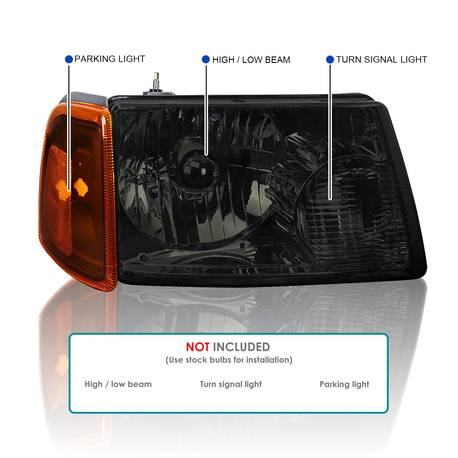 Smoke Lens Headlights + Amber Corner Lights SPEC-D TUNING Compatible with 2001-2011 Ford Ranger L+R Pair Head Light Lamp Assembly