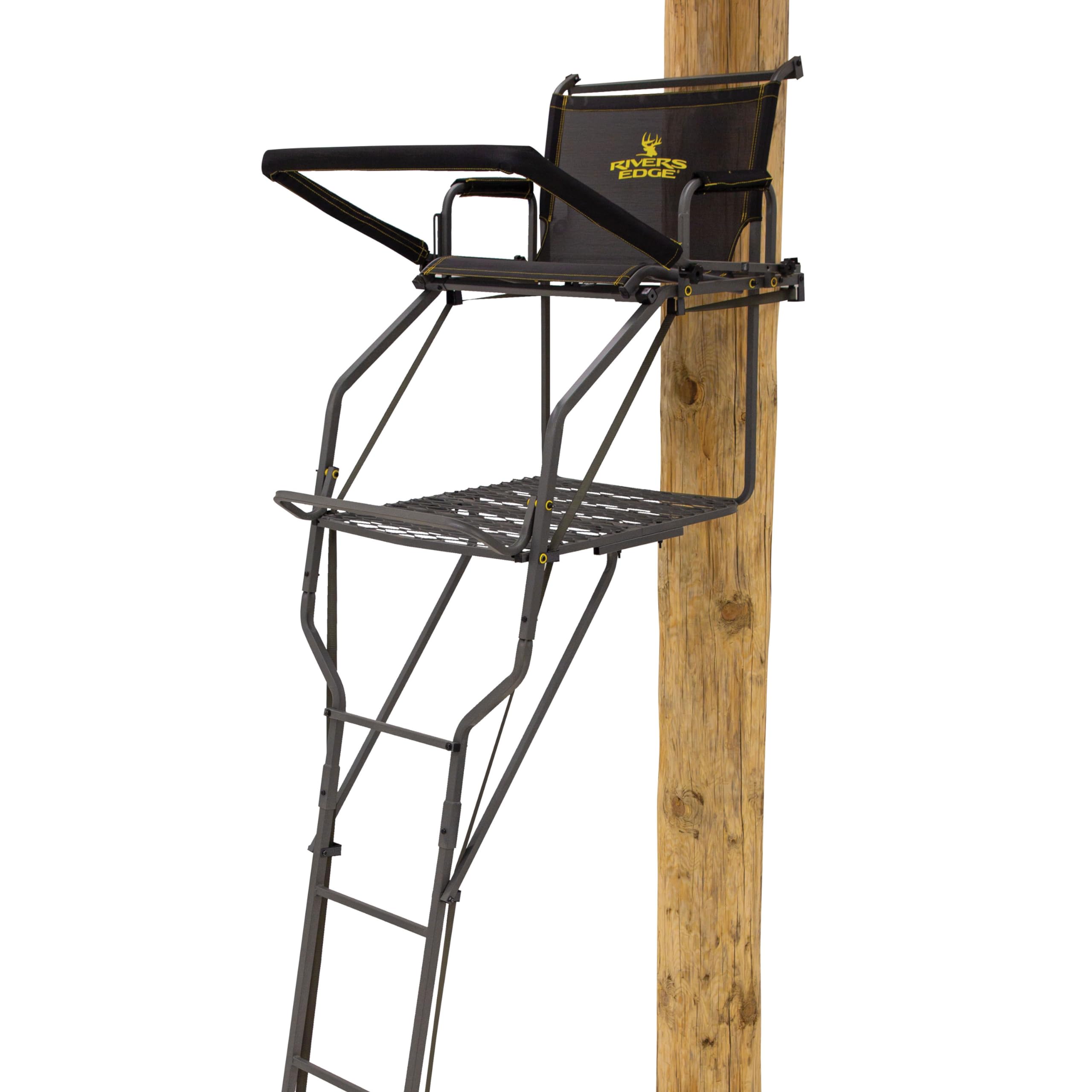 Rivers Edge Jumbo Jack 1-Man LS Ladder Stand, 19’ Height, Lockdown Strapping System, Wide Flip-Up TearTuff Mesh Seat, Jumbo Platform, Flip-Out Footrest, 2-Way Adjustable Shooting Rail, RE674