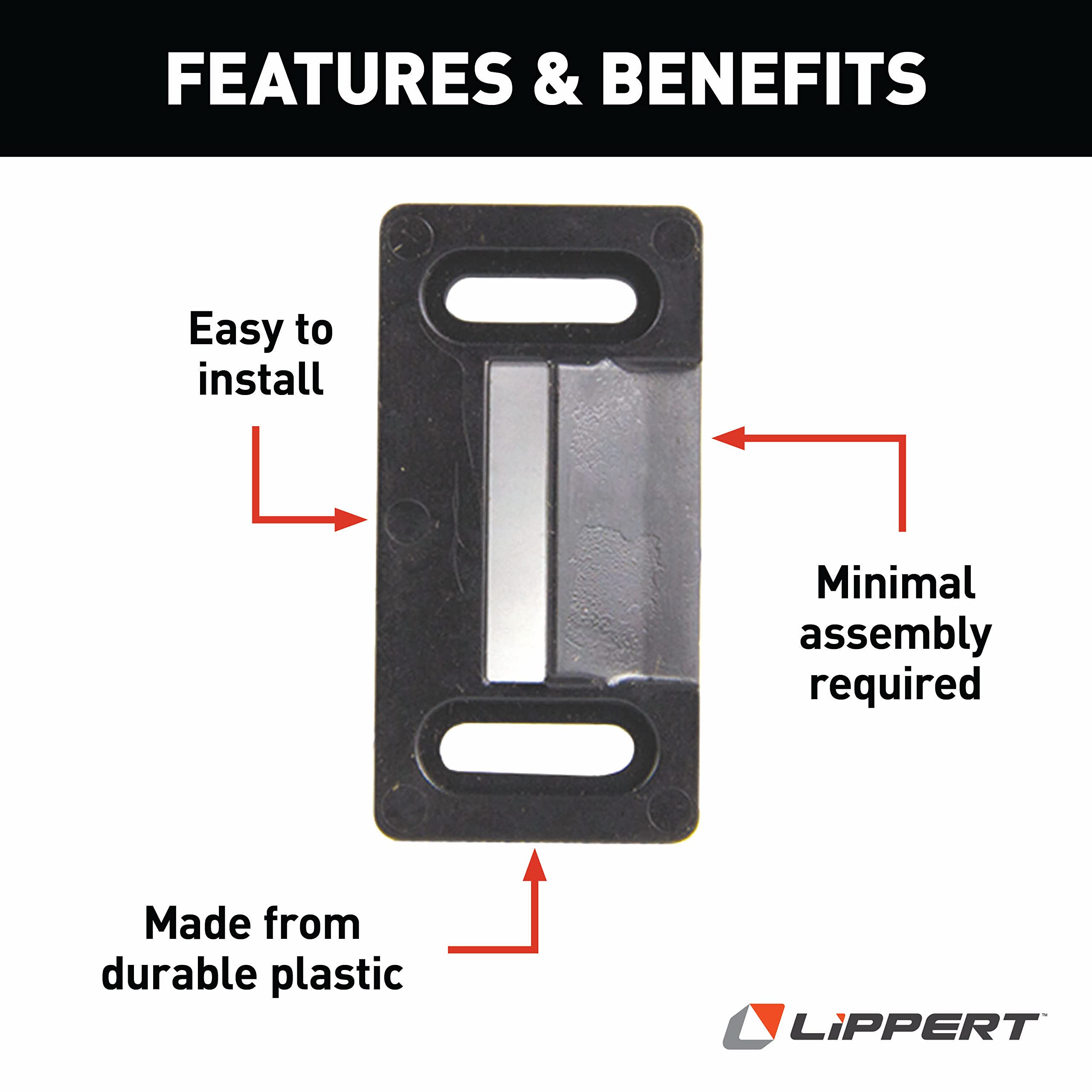 Lippert RV Screen Door Frame Striker, 2.20" x 1.125" Radius Outside Tie Plate Latch, Durable Plastic Construction - 198287, Black