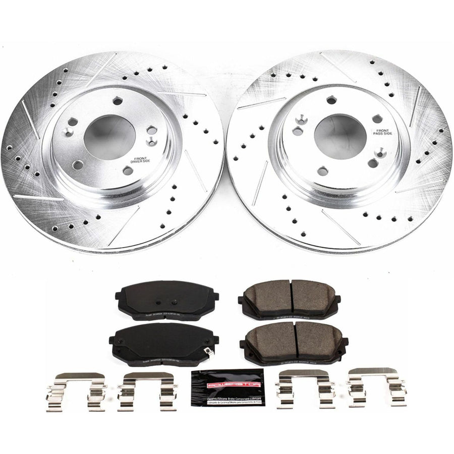 Power Stop K7353 Z23 Carbon Fiber Brake Pads with Drilled & Slotted Brake Rotors Kit For Hyundai Kona Electric, Hyundai Sonata, Kia Niro EV, Kia Optima [Model Specific]