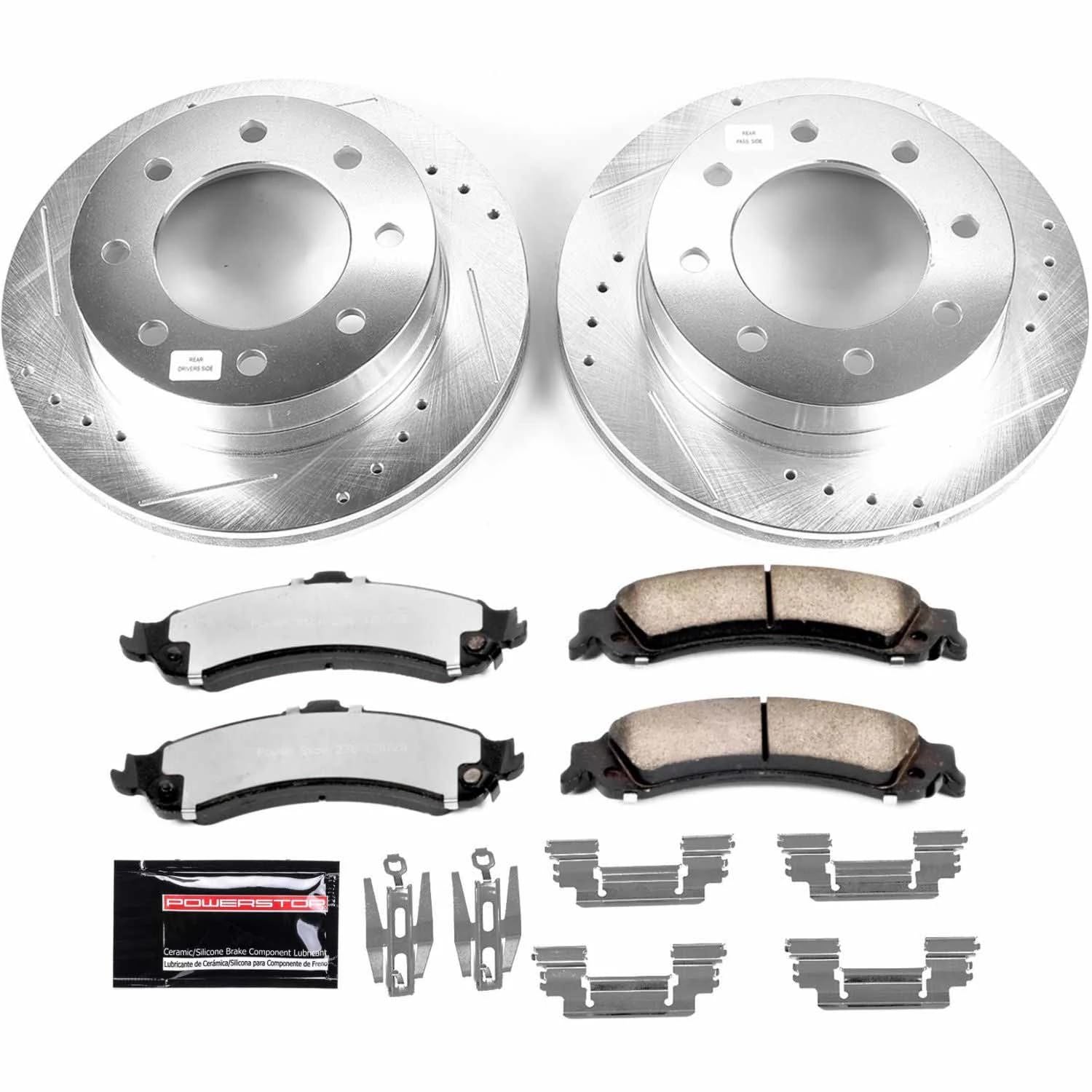 Rear Brake Kit Power Stop For 2005 Chevrolet Silverado 1500 HD 2005 GMC Sierra 1500 HD - Truck & Tow Carbon Fiber Ceramic Brake Pads & Drilled and Slotted Rotors Replacement, K5225-36