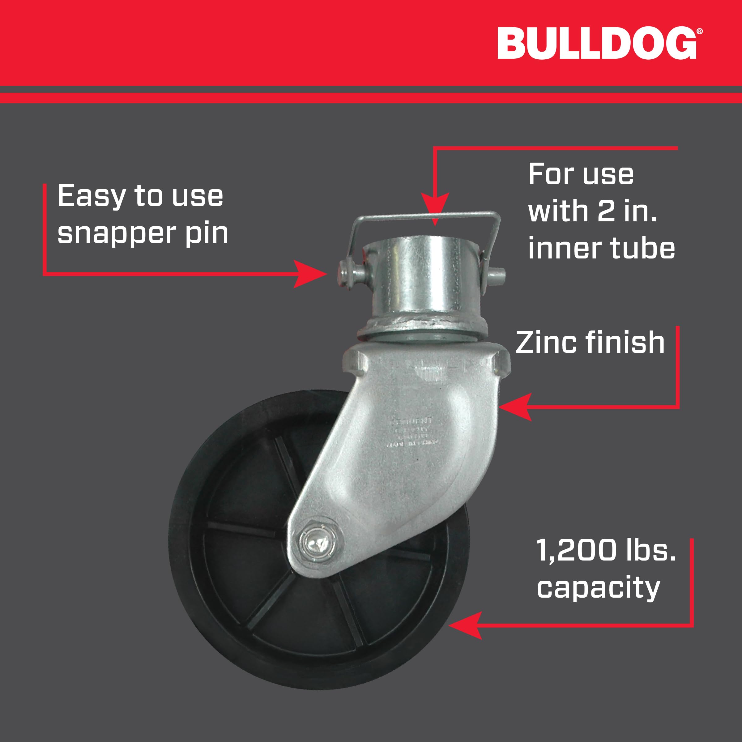 Trailer Jack Accessory Bulldog 500245, Tongue Jack Caster w/6 Inch Wheel & Pin/Clip, 1,200 lbs. Capacity