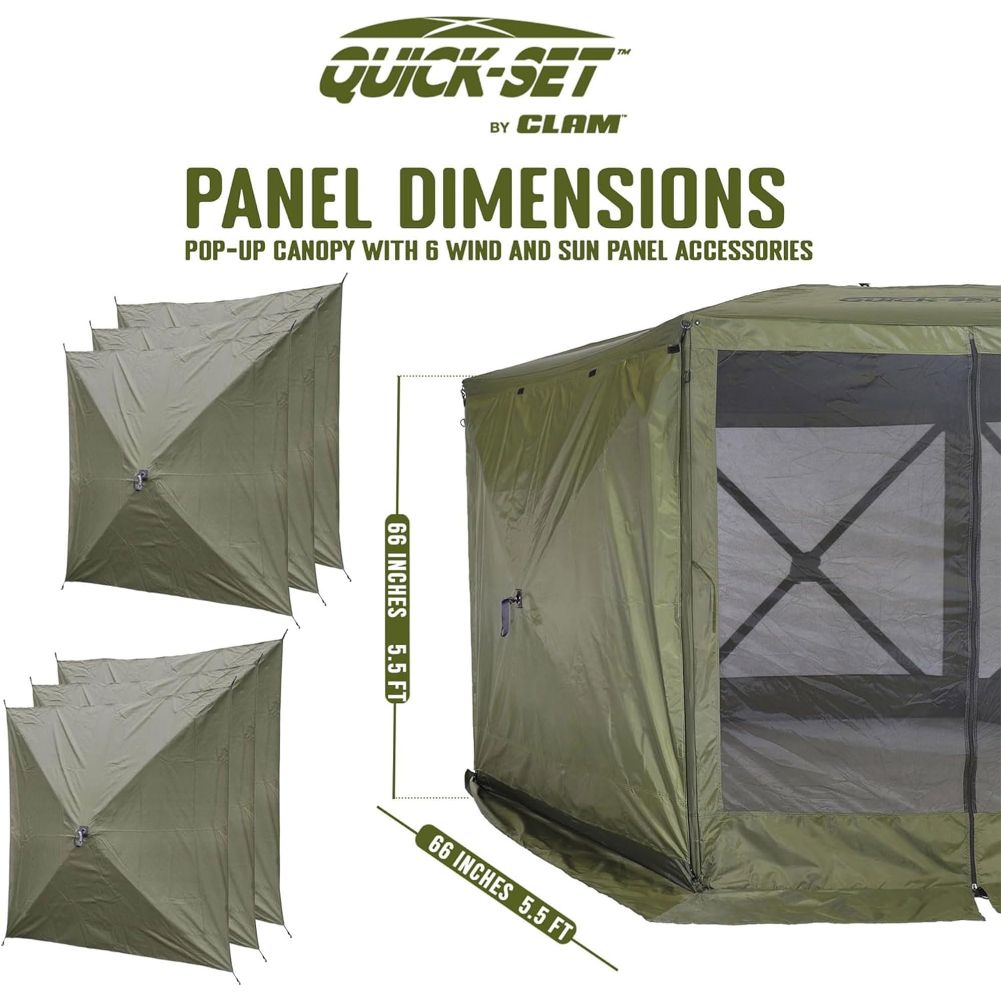 CLAM Wind and Sun Panel Quick-Set Attachment for Escape Sport Screen Shelter Canopy Tent with Carrying Bag, Accessory Only, Green (3 Pack)