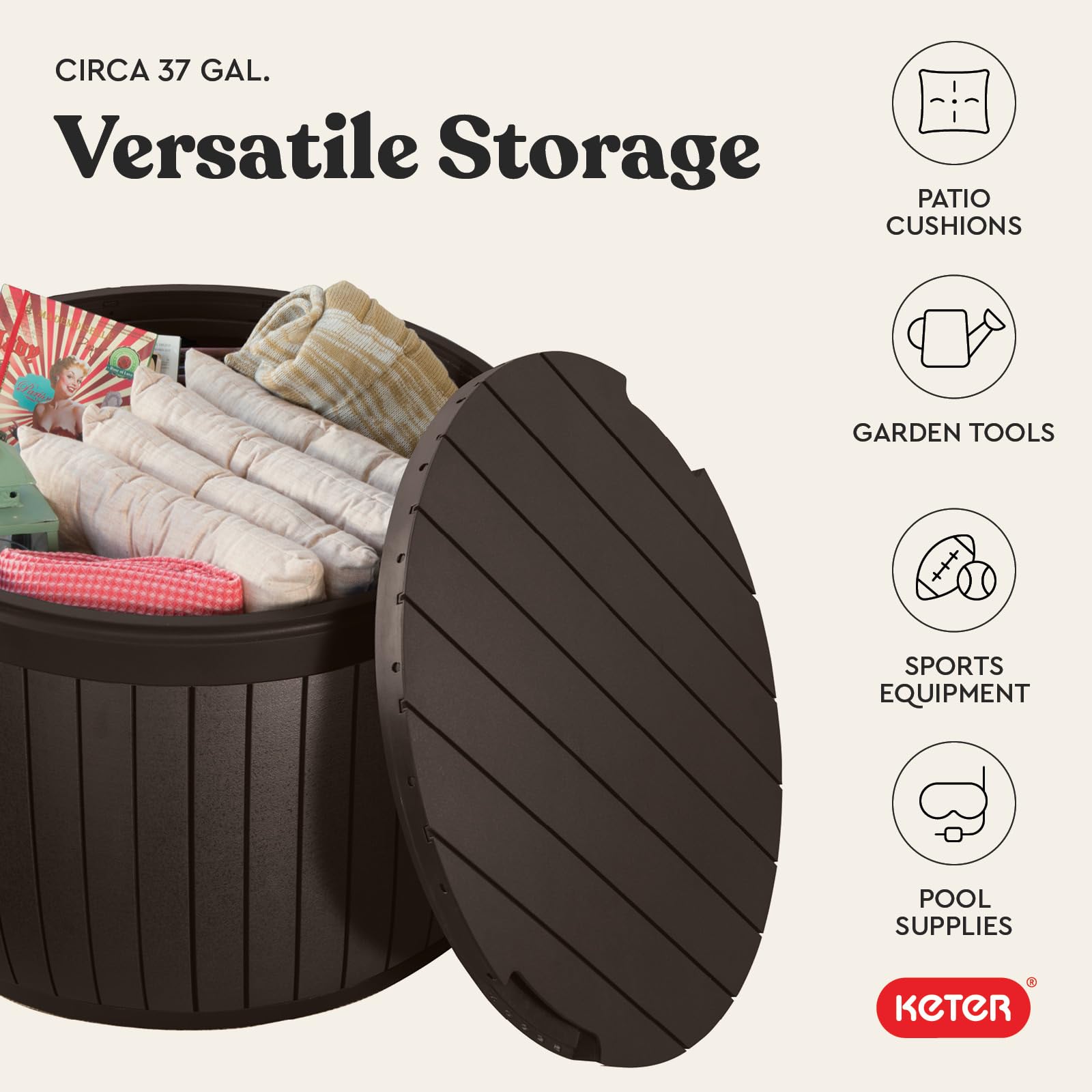 Keter 37 Gallon Circa Deck Box Organizer, Works as Ottoman Chair or Side Table, Brown – Large Resin Round Outdoor Storage and Seating for Garden, Pool, and Patio