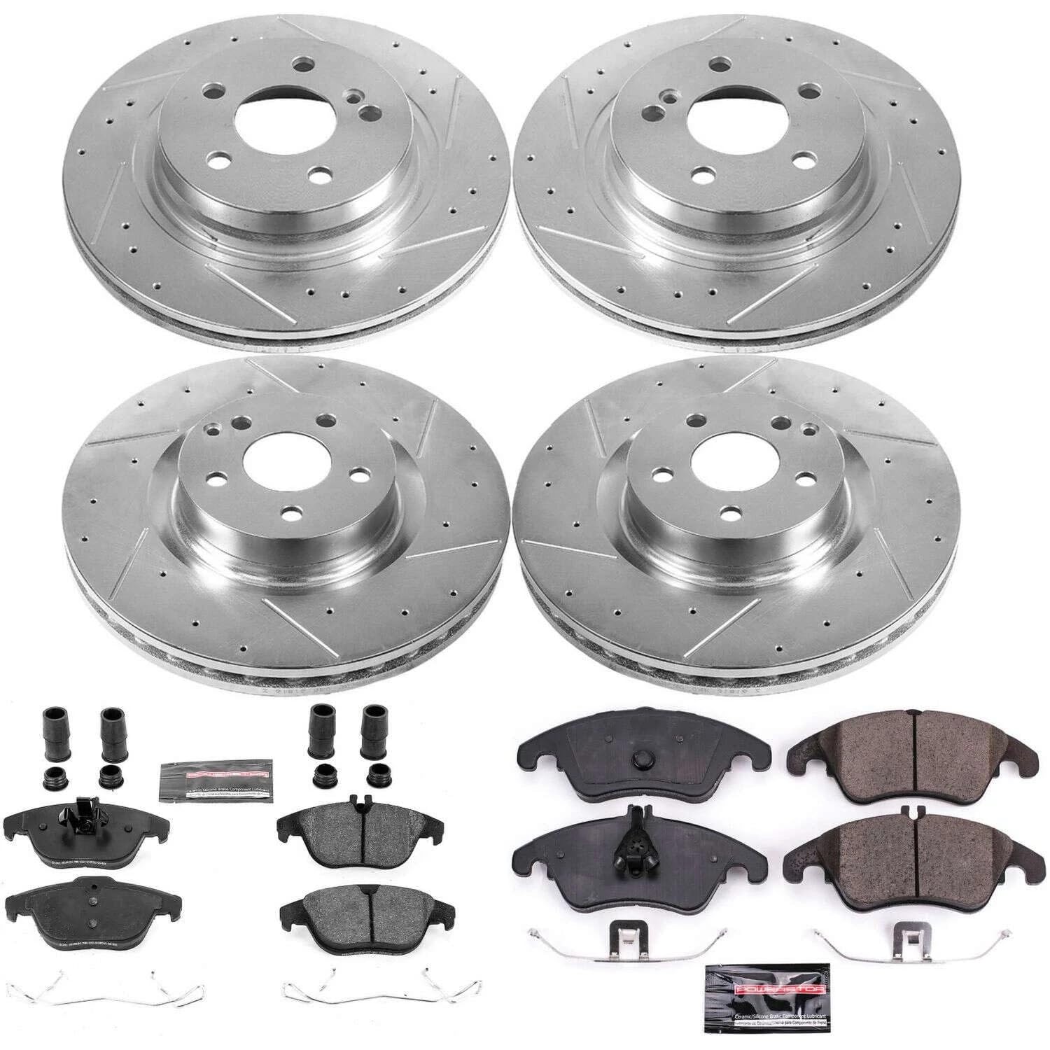 Power Stop K6206 Z23 Carbon Fiber Brake Pads Front and Rear with Drilled & Slotted Brake Rotors Kit and 1 Front & 1 Rear Sensor Wires For Mercedes C250, Mercedes E550, Mercedes E550 [Model Specific]