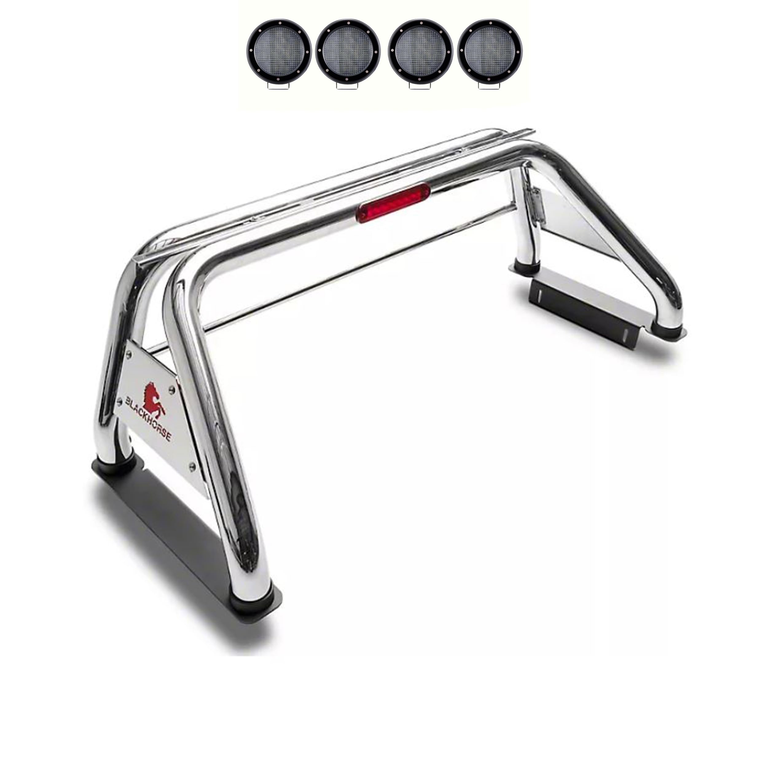 Classic Roll Bar Black Horse Incl. Set of 5.3" Dia.LED Lights w/Black Trim Rings Stainless Steel Compatible with 99-22 Ford F-250 Super Duty|99-22 Ford F-350 Super Duty|99-22 Ford F-450 Super Duty