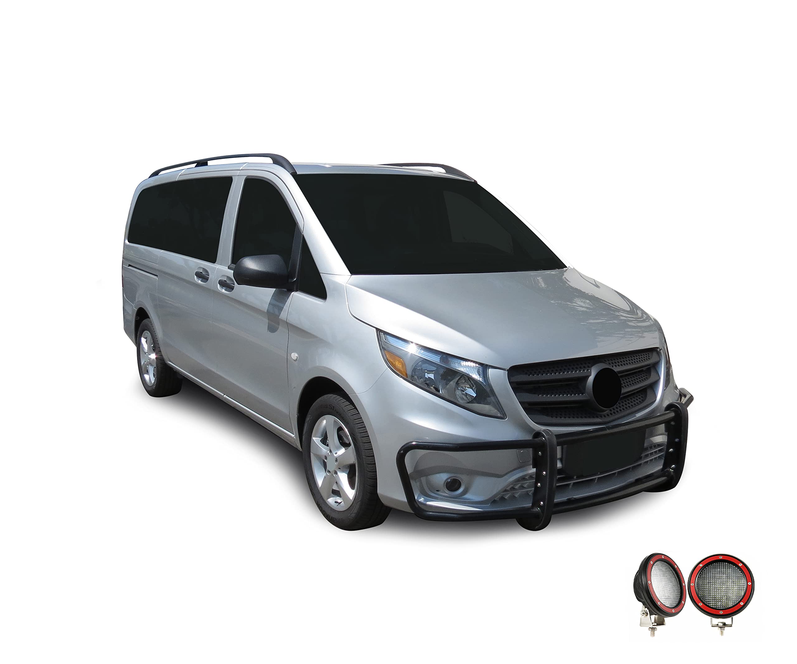 Spartan Black Horse Grille Brush Bumper Guard Modular Black Come with Pair of 5.3" Dia.LED Lights with Red Trim Rings Compatible with 2016-2023 Mercedes-Benz Metris-17MBMEMA-PLFR
