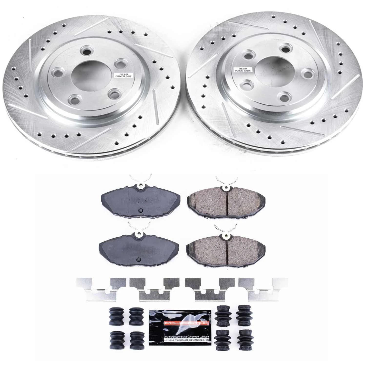 Power Stop K1361 Z23 Carbon Fiber Brake Pads with Drilled & Slotted Brake Rotors Kit For Ford Thunderbird, Jaguar Vanden Plas, Jaguar XJ8, Lincoln LS [Model Specific]