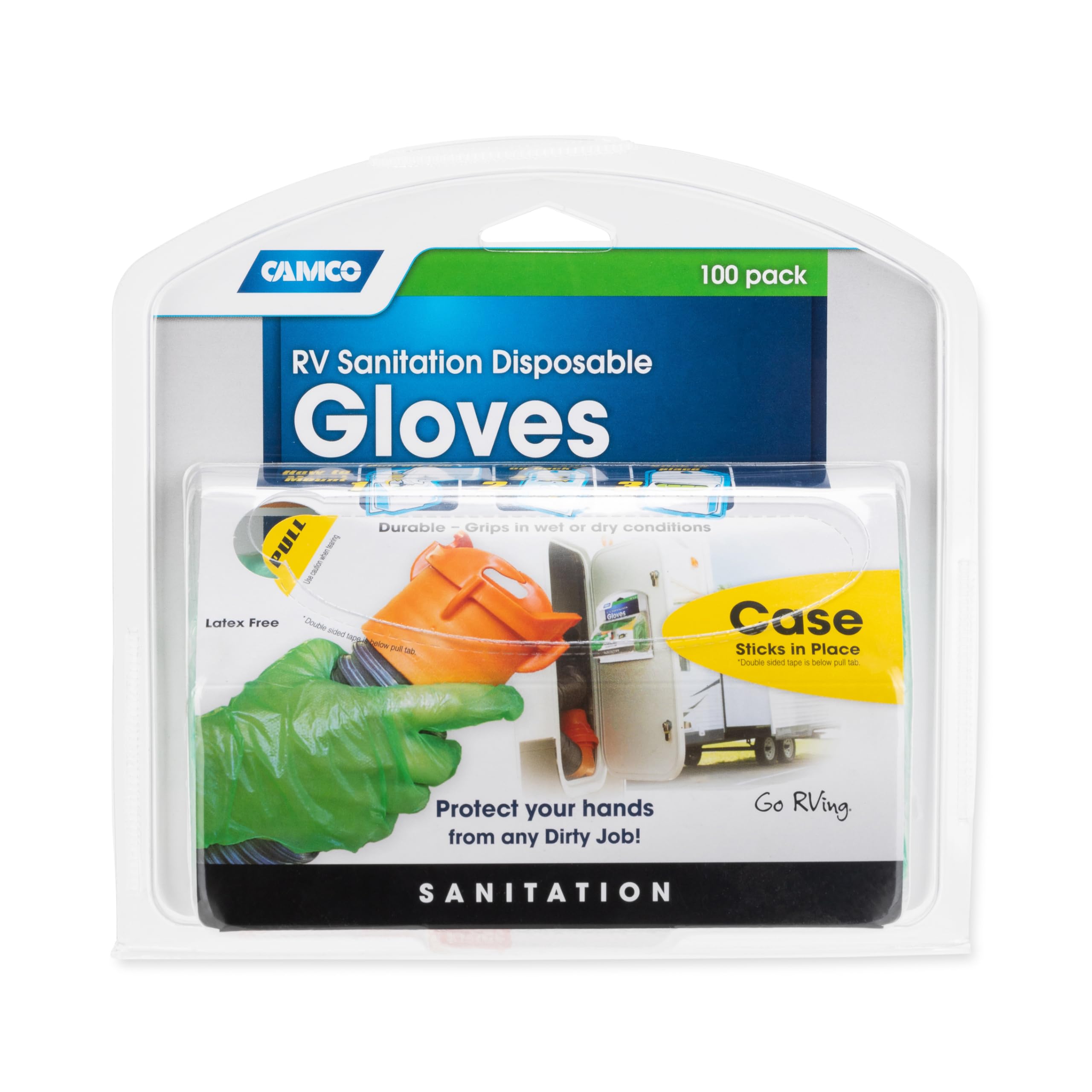 Camco All Purpose Durable RV and Camper Disposable Sanitation Gloves | Ideal in Wet or Dry Conditions | Green Non-Latex Gloves | 100 Pack (40285)
