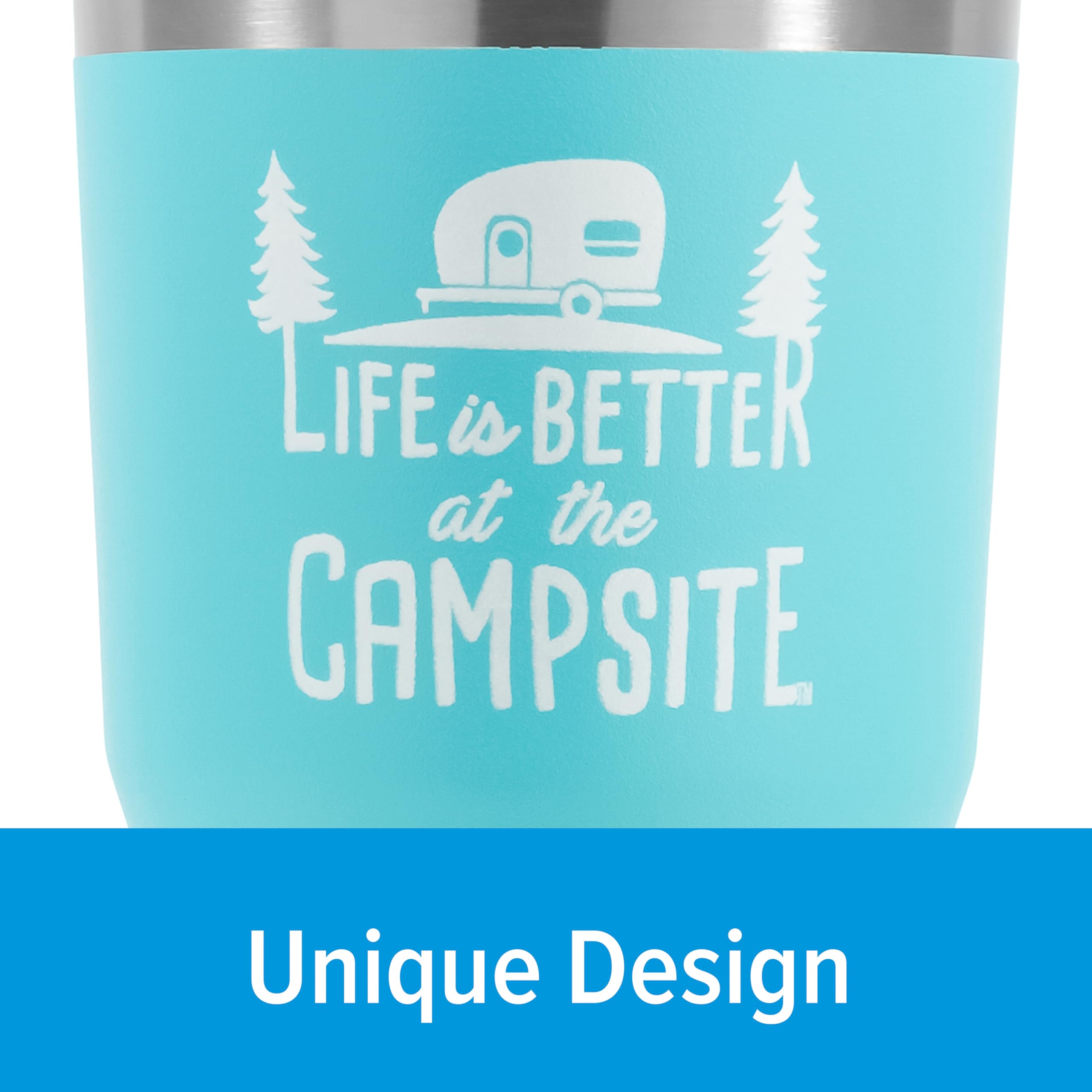 Camco Tumbler Life is Better at The Campsite | Heavy Duty Double Wall Vacuum Insulation | Crafted of 18/8 Stainless Steel | Unique “Life is Better at The Campsite” Design on Cool Blue | 30-oz (53058)