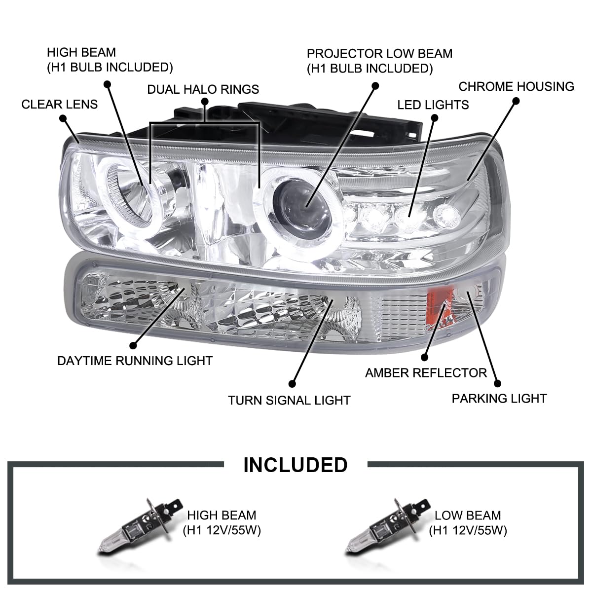 Chrome LED Halo Projector Headlights + Bumper Lights SPEC-D TUNING Compatible with 1999-2002 Chevy Silverado 2000-2006 Tahoe, Left + Right Pair Headlamps Assembly