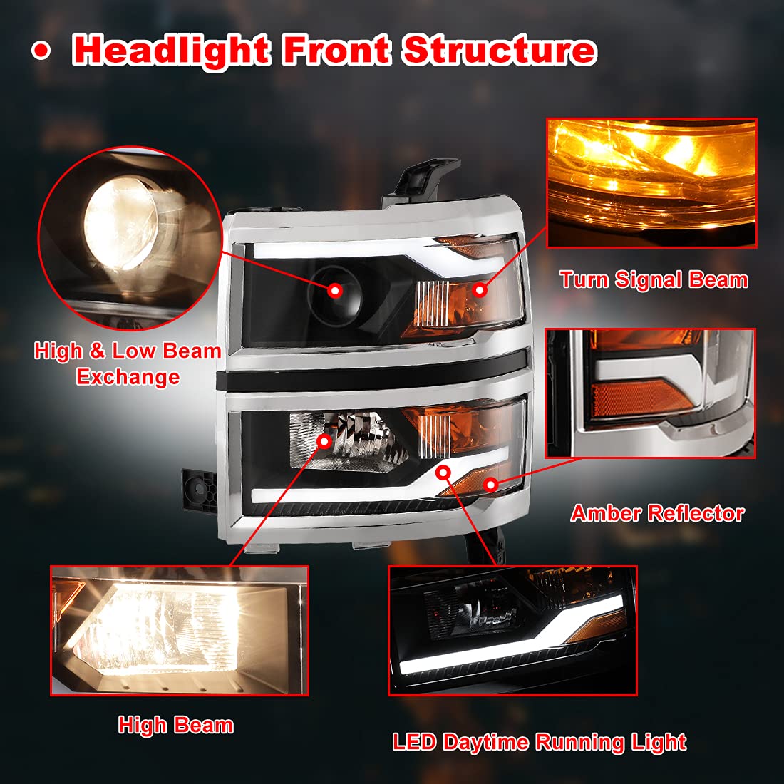 Winjet LED DRL Bar Projector Headlights Compatible with [2014-2015 Chevrolet Silverado 1500], Black (WJ10-0382C-04)