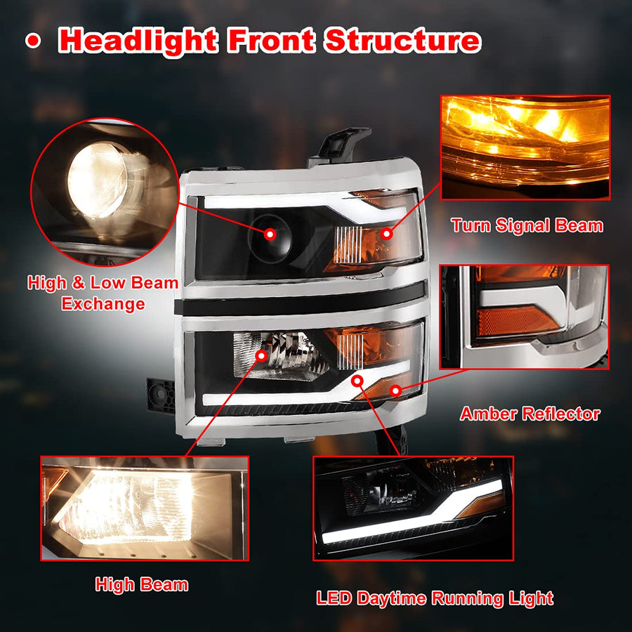 Winjet LED DRL Bar Projector Headlights Compatible with [2014-2015 Chevrolet Silverado 1500], Black (WJ10-0382C-04)