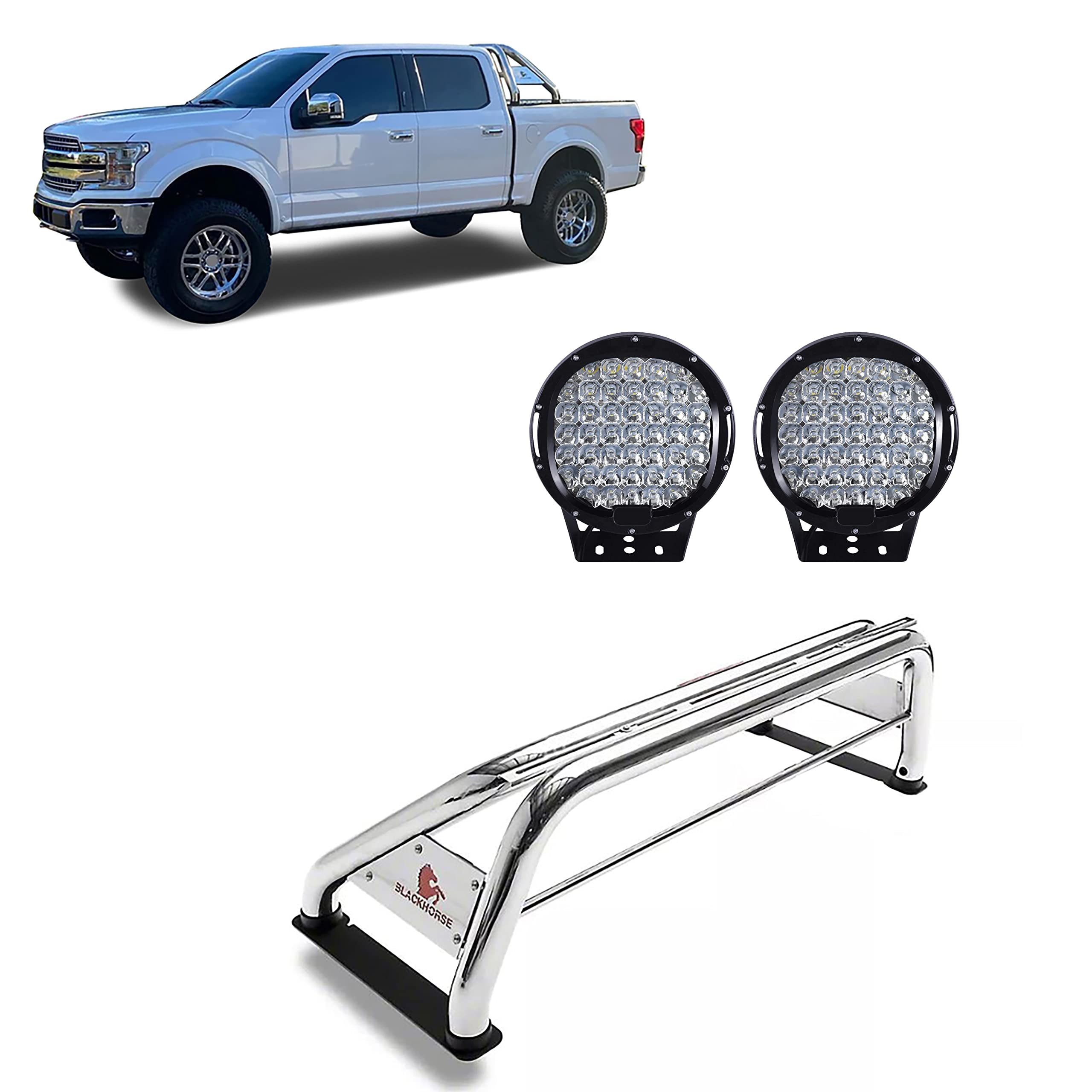Classic Black Horse Roll Bar Incl.Set of 9 Black Round LED Light Stainless Steel Compatible with 17-24 Titan|00-24 Ram 2500/3500|01-24 Silverado/Sierra 1500/2500 HD|00-24 F-150|07-24 Tundra