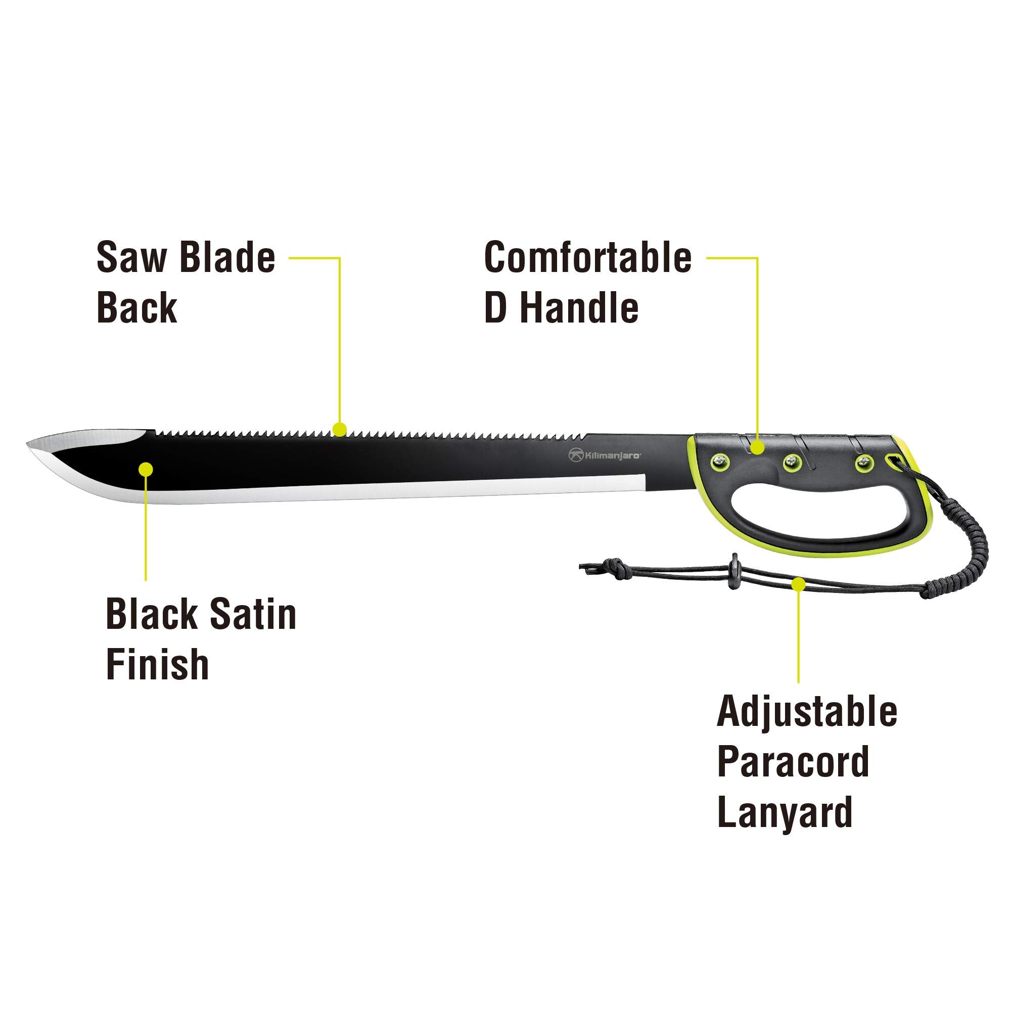 Kilimanjaro 24 Inch Serrated Machete Knife, Drop Point Tip to Saw Cut Branches, Clearing Brush, Gardening, Hiking, Outdoors Black Finish 910039