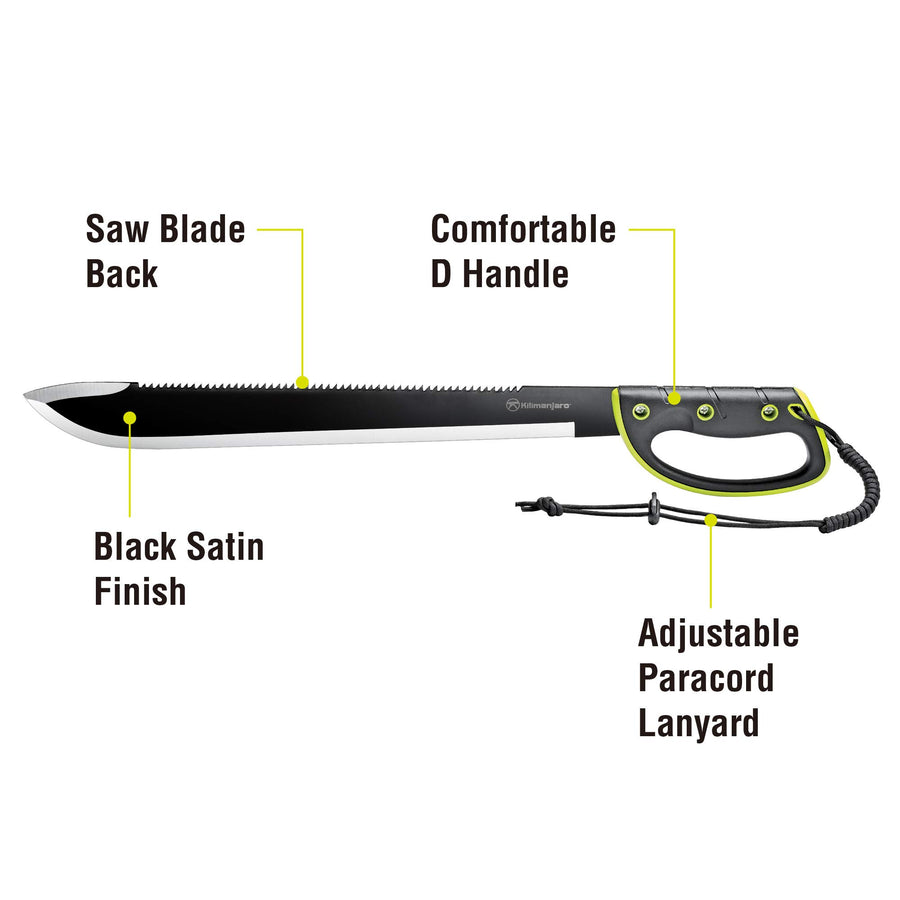 Kilimanjaro 24 Inch Serrated Machete Knife, Drop Point Tip to Saw Cut Branches, Clearing Brush, Gardening, Hiking, Outdoors Black Finish 910039