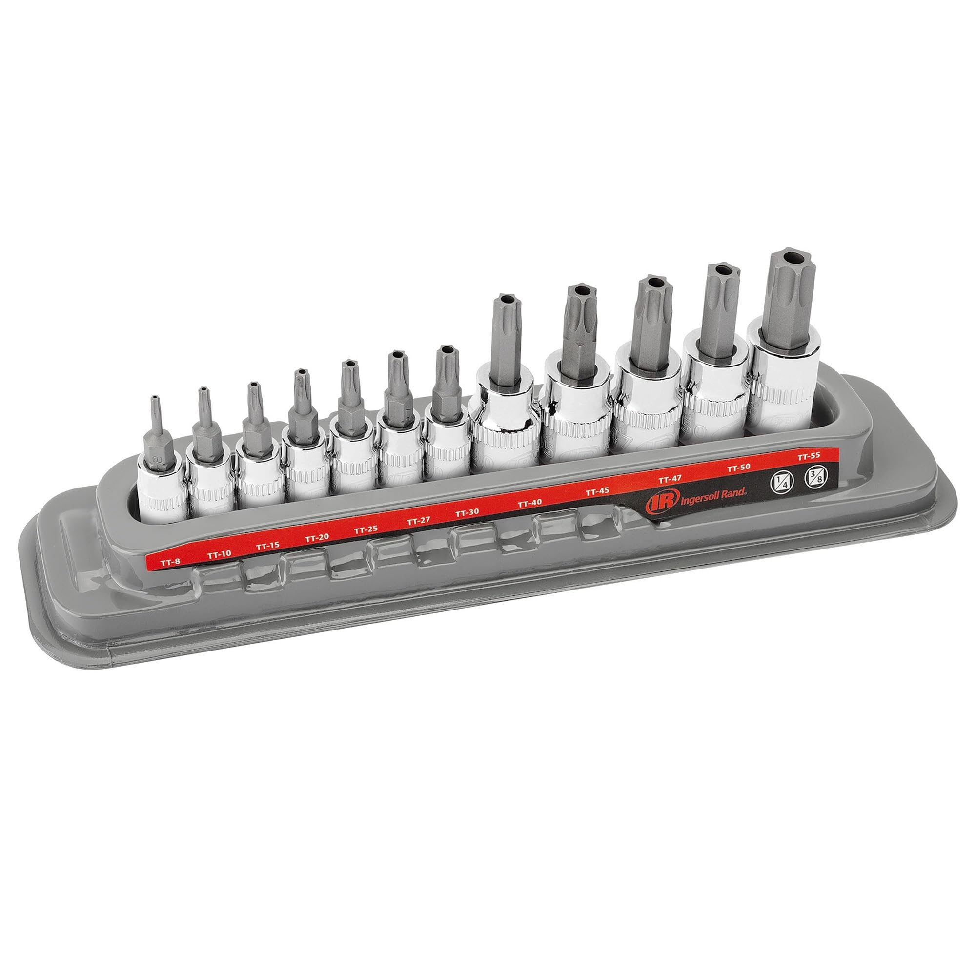 12-Piece Ingersoll Rand Tamper-Proof Torx Bit Socket Set – 1/4" Drive (TT8–TT30) & 3/8" Drive (TT40–TT55), Industrial-Grade S2 Steel, Mirror-Polished Chrome Vanadium Sockets, Thermoform Tray – 752031