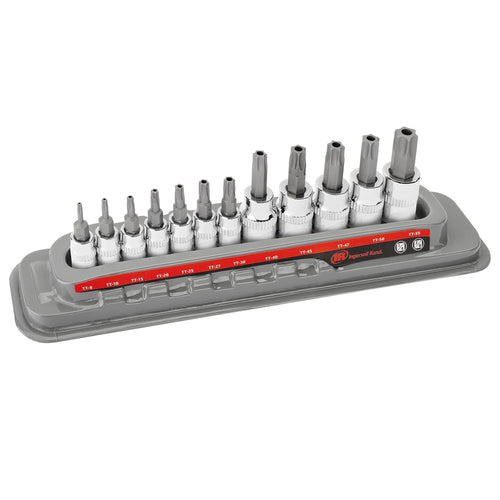 12-Piece Ingersoll Rand Tamper-Proof Torx Bit Socket Set – 1/4" Drive (TT8–TT30) & 3/8" Drive (TT40–TT55), Industrial-Grade S2 Steel, Mirror-Polished Chrome Vanadium Sockets, Thermoform Tray – 752031