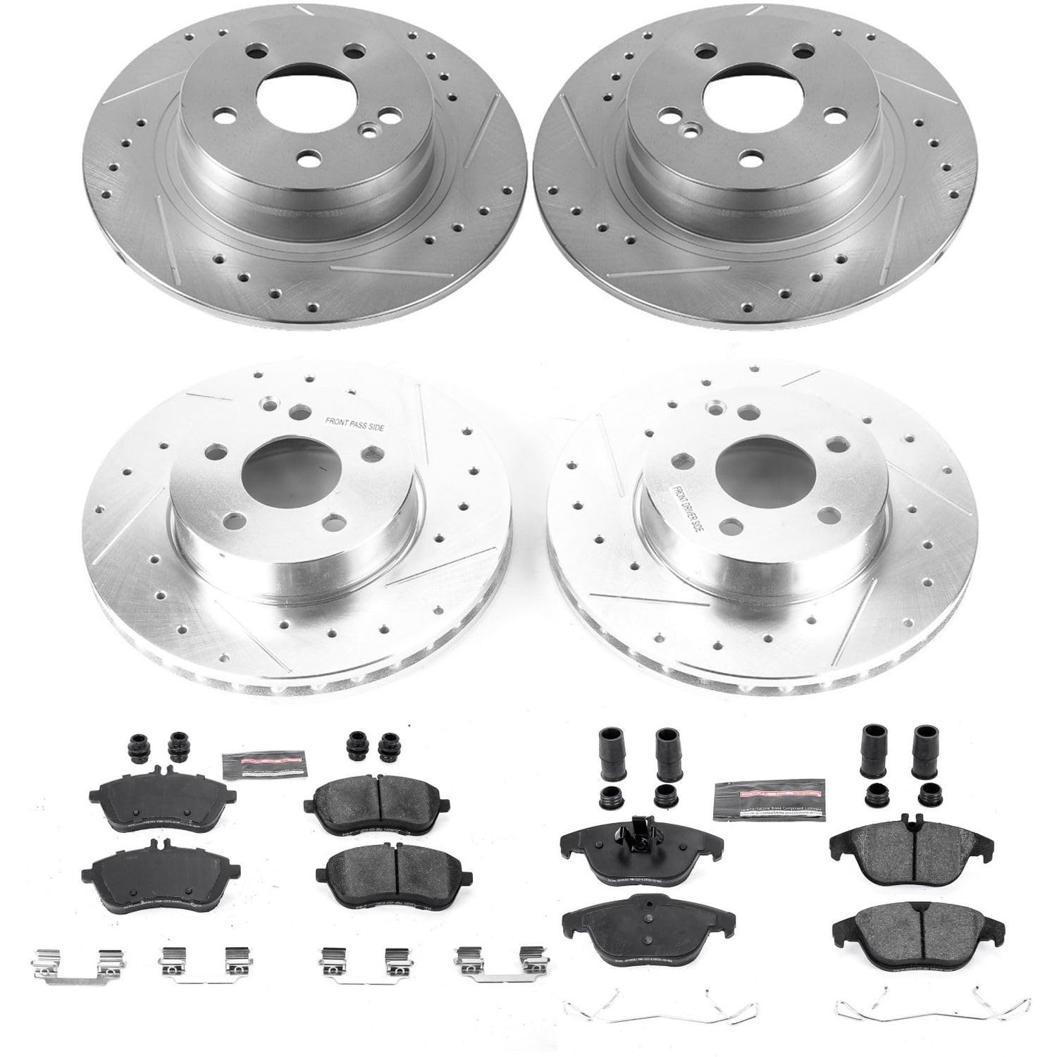 Power Stop K7759 Z23 Carbon Fiber Brake Pads Front and Rear with Drilled & Slotted Brake Rotors Kit and 1 Front & 1 Rear Sensor Wires For Mercedes-Benz C300 2008-2012 [Model Specific]