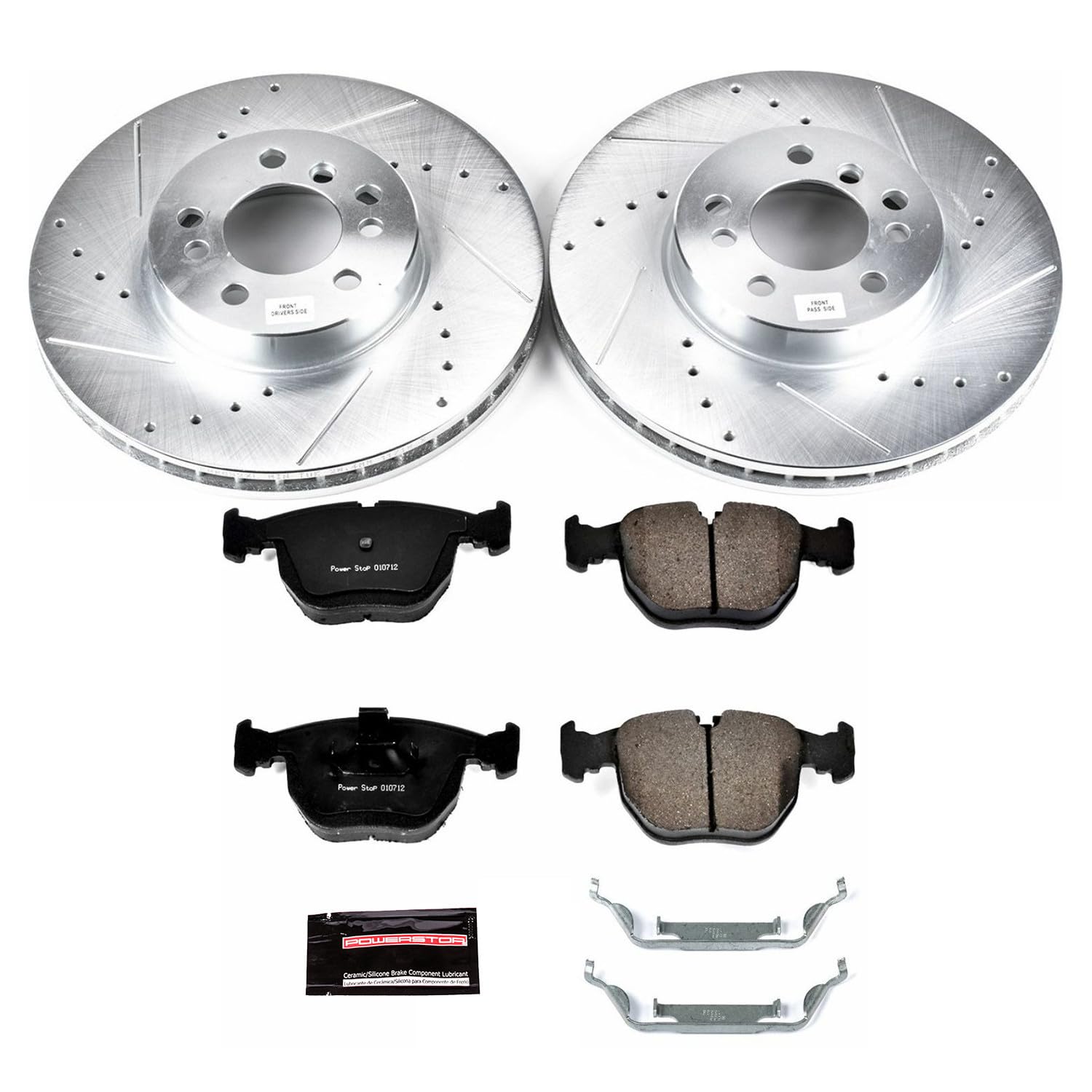 Power Stop K879 Z23 Carbon Fiber Brake Pads Front with Drilled & Slotted Brake Rotors Kit and 1 Front Sensor Wire For BMW X5 2000-2006 [Model Specific]