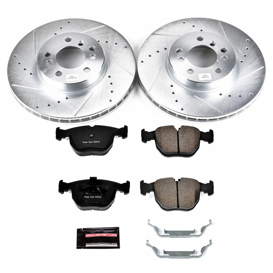 Power Stop K879 Z23 Carbon Fiber Brake Pads Front with Drilled & Slotted Brake Rotors Kit and 1 Front Sensor Wire For BMW X5 2000-2006 [Model Specific]