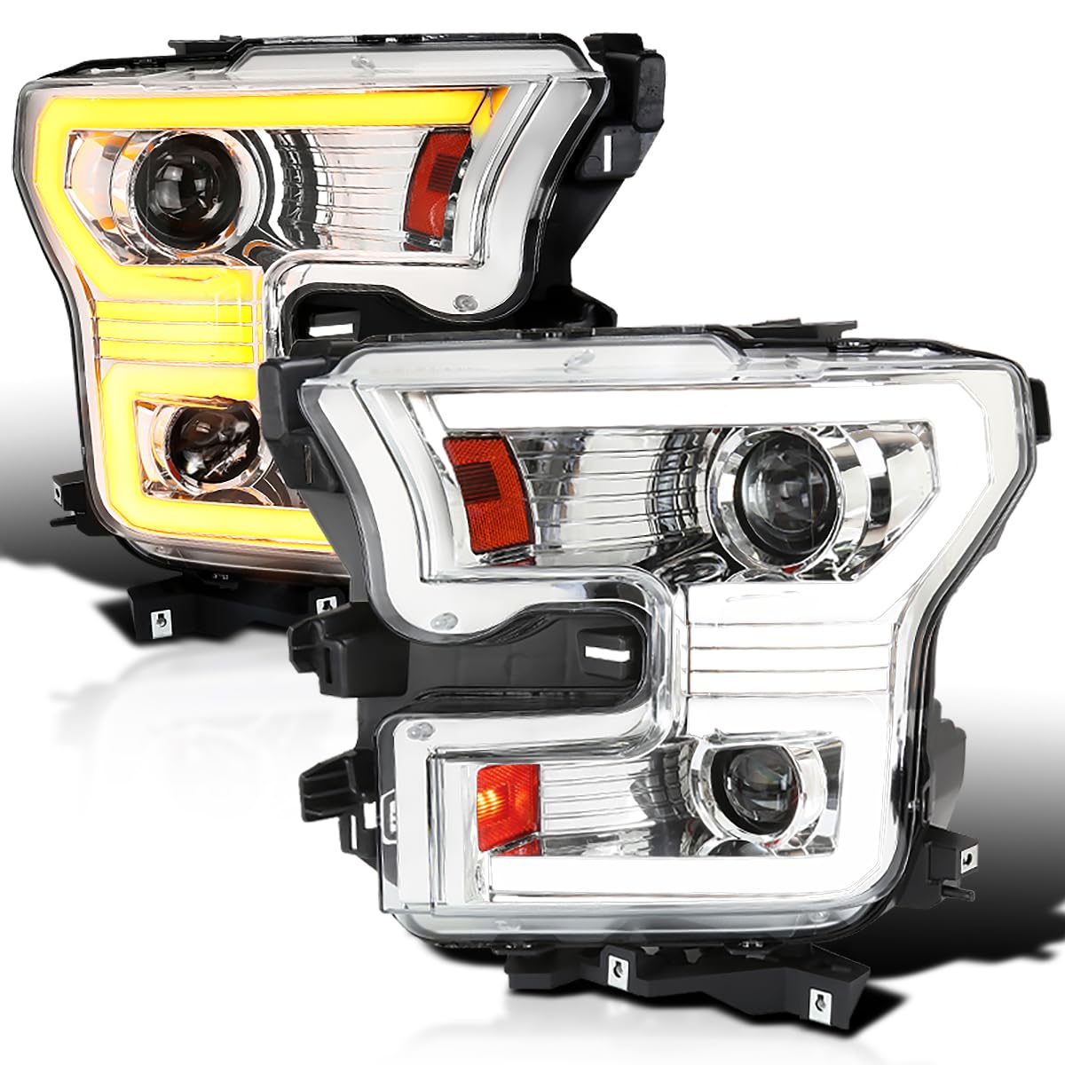 Dual Projector Chrome SPEC-D TUNING Headlights w/Switchback Sequential LED Tube Signal Compatible with 2015-2017 Ford F150 Left + Right Pair Headlamps Assembly