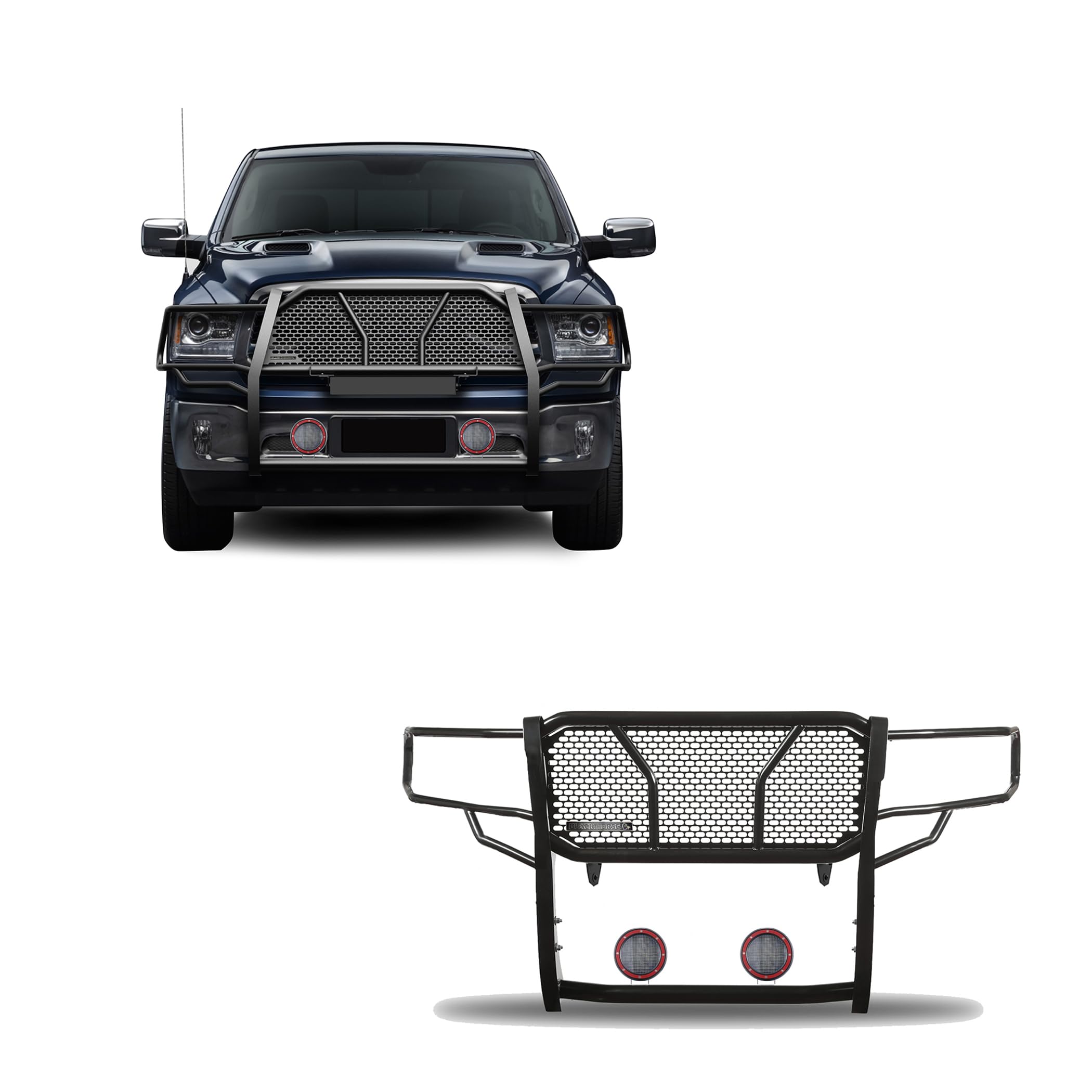 RUGGED Black Horse Heavy Duty Grille Brush Bumper Guard Modular Black Come With Pair of 5.3"LED Light with Red Trim Ring Compatible with 2019-2024 Ram 1500 Classic|2009-2018 Ram 1500-RU-DORA09-B-PLFR