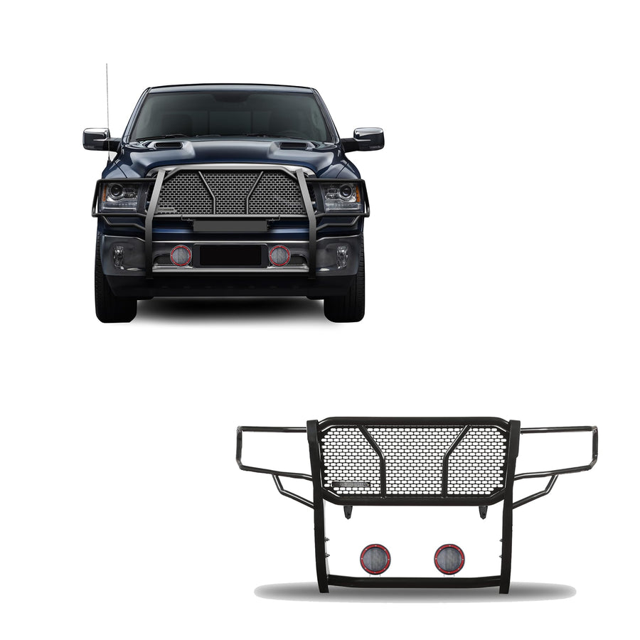 RUGGED Black Horse Heavy Duty Grille Brush Bumper Guard Modular Black Come With Pair of 5.3"LED Light with Red Trim Ring Compatible with 2019-2024 Ram 1500 Classic|2009-2018 Ram 1500-RU-DORA09-B-PLFR