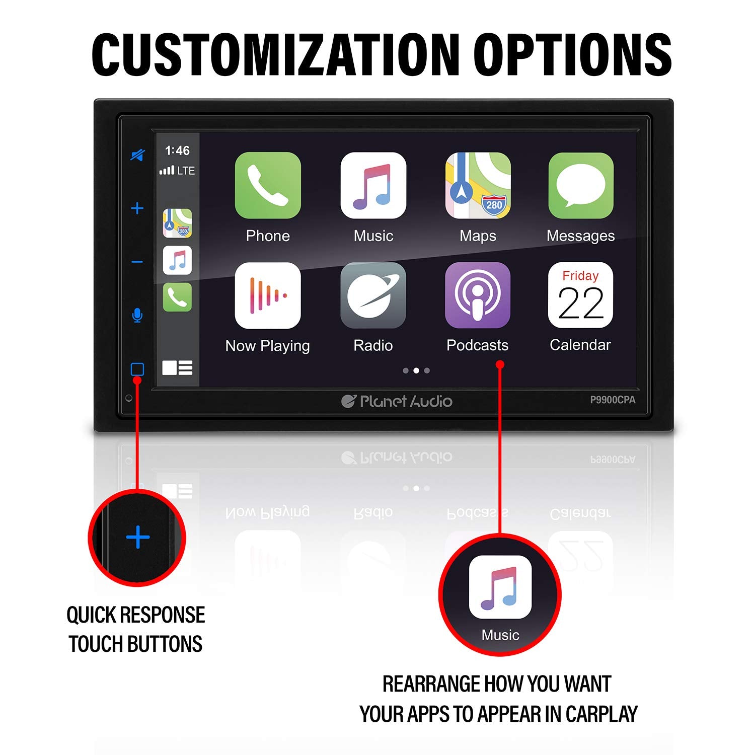 Car Stereo Planet Audio P9900CPA – Wireless CarPlay Android Auto, Double-Din, 6.75 Inch Touchscreen, Bluetooth, No DVD CD Player, Radio Receiver