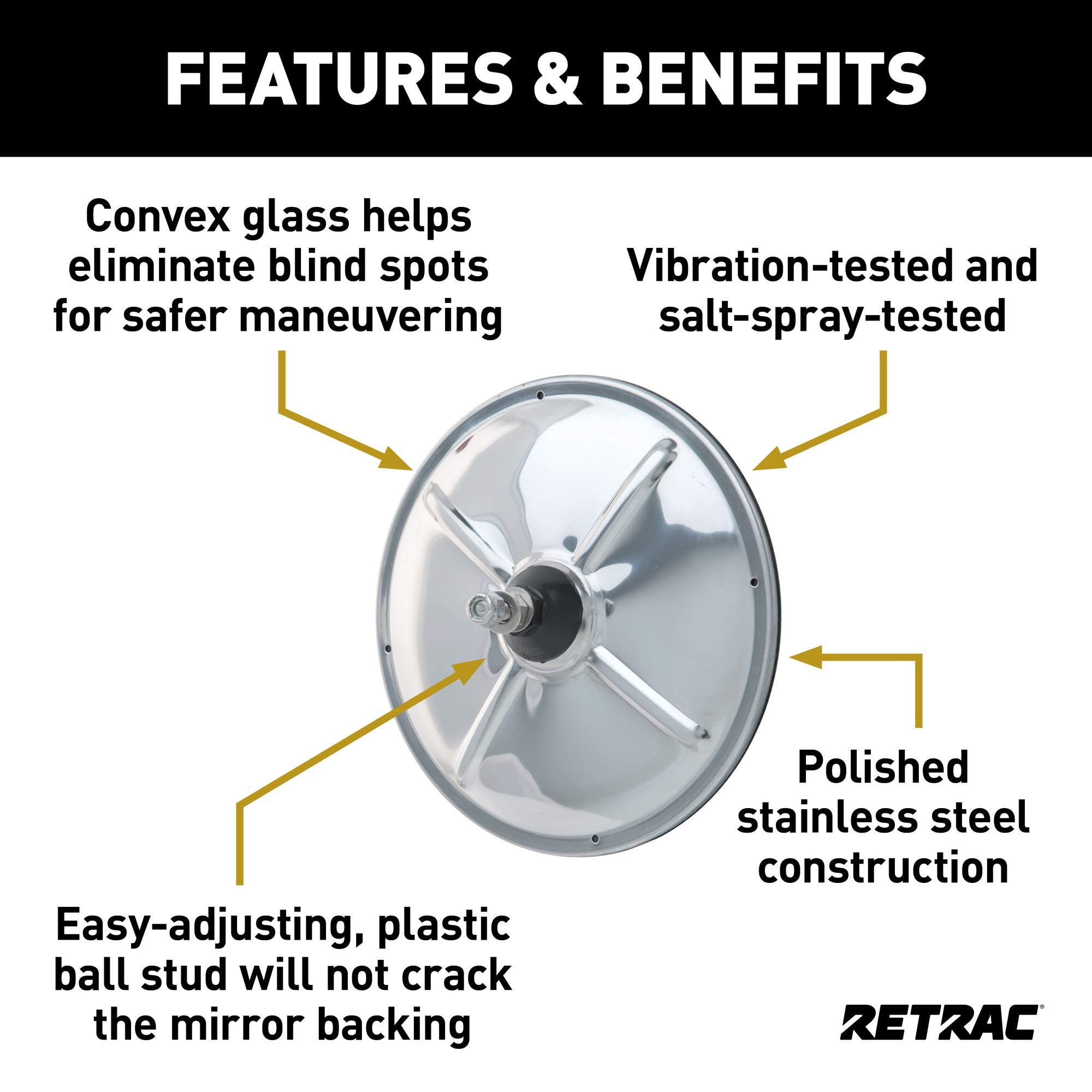 8-Inch RETRAC Stainless Steel Center-Mount Convex Mirror Head with Plastic Ball Stud, Universal Driver or Passenger Side