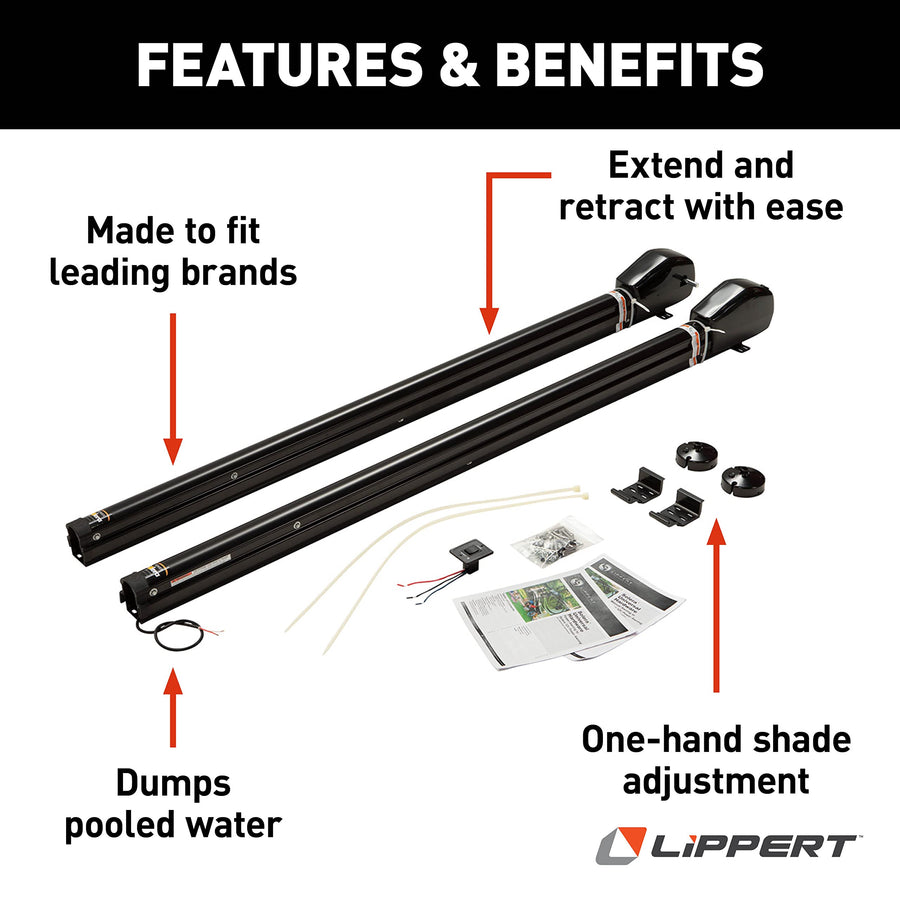 3000 Series Solera Short Black Universal RV Awning Arms & Hardware Kit with One-Touch Power Extend/Retract, One-Handed Adjustable Pitch Projection, Auto Rain Dump - 2023052355