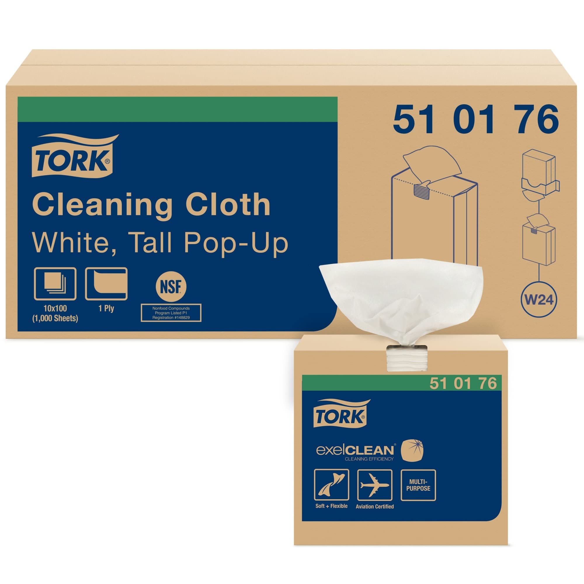 Tork White Cleaning Cloth W24, Pop Up, 10 x 100 sheets, 510176