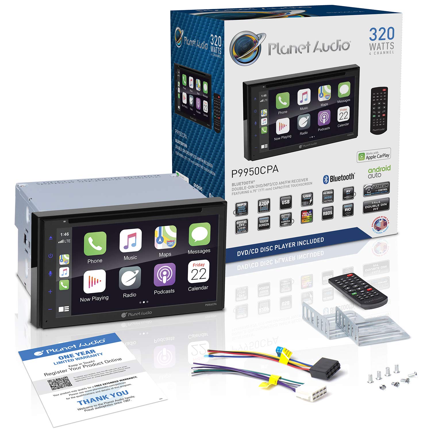 Apple Carplay Planet Audio P9950CPA Android Auto Car Multimedia Player - Double-Din, 6.75 Inch LCD Touchscreen, Bluetooth, MP3-DVD-CD-USB-Aux in, Am/FM Car Radio, Multi Color Illumination